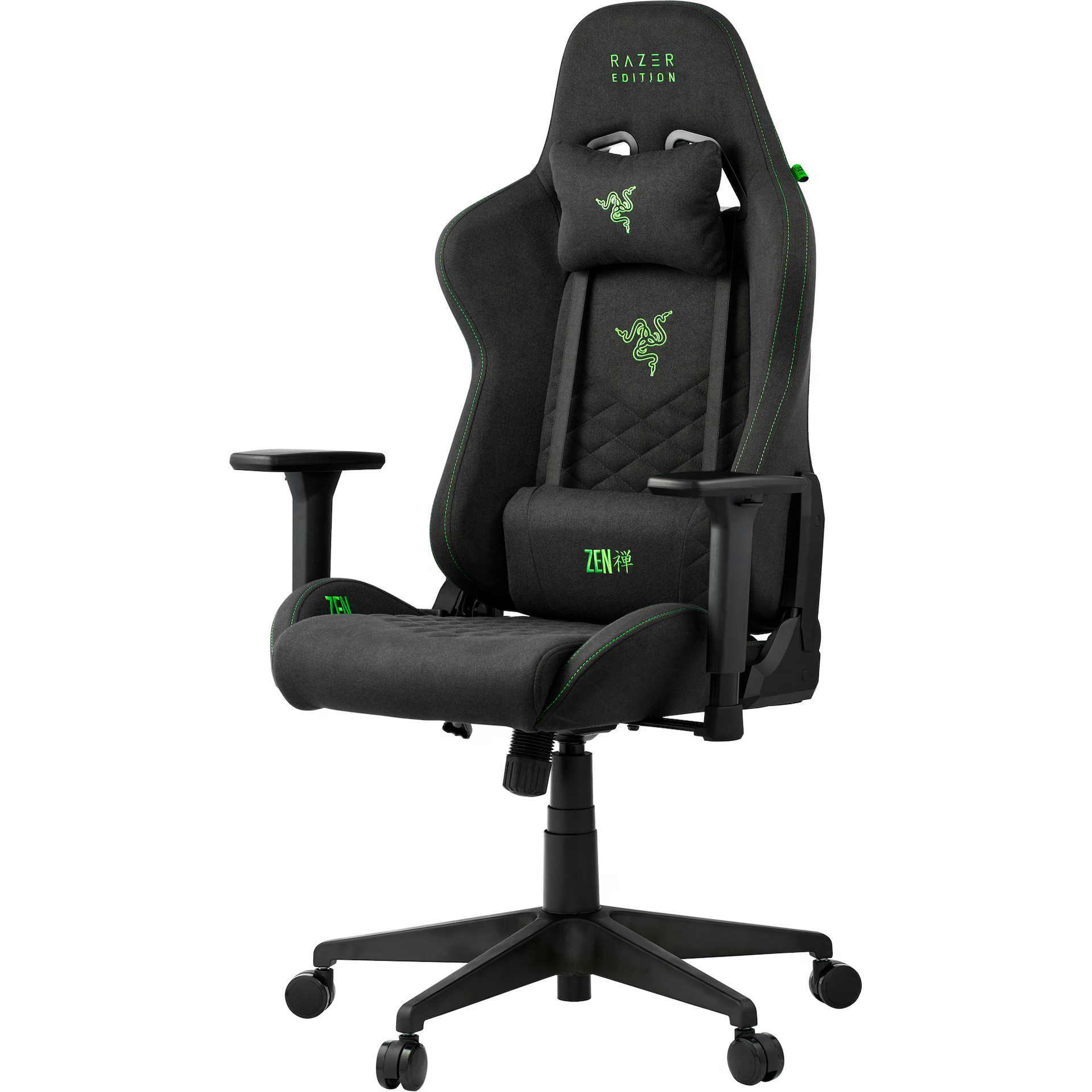 Une chaise gamer noire Razer avec accents et logos verts, accoudoirs et appui-tête réglables.