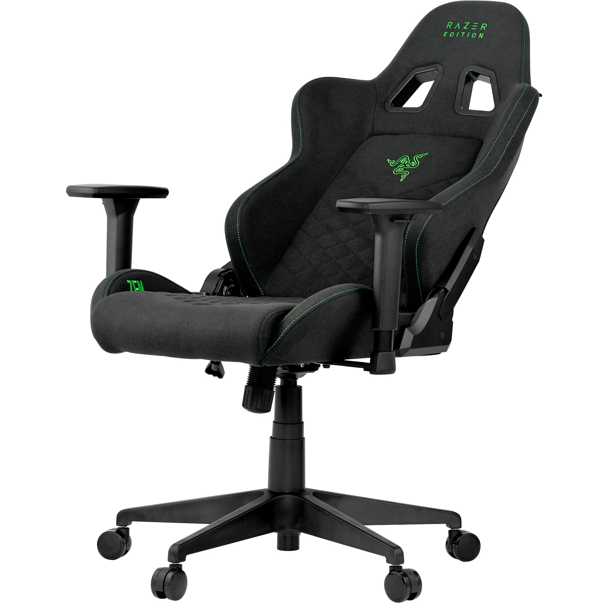 Chaise gamer noire avec surpiqûres vertes et logo Razer.