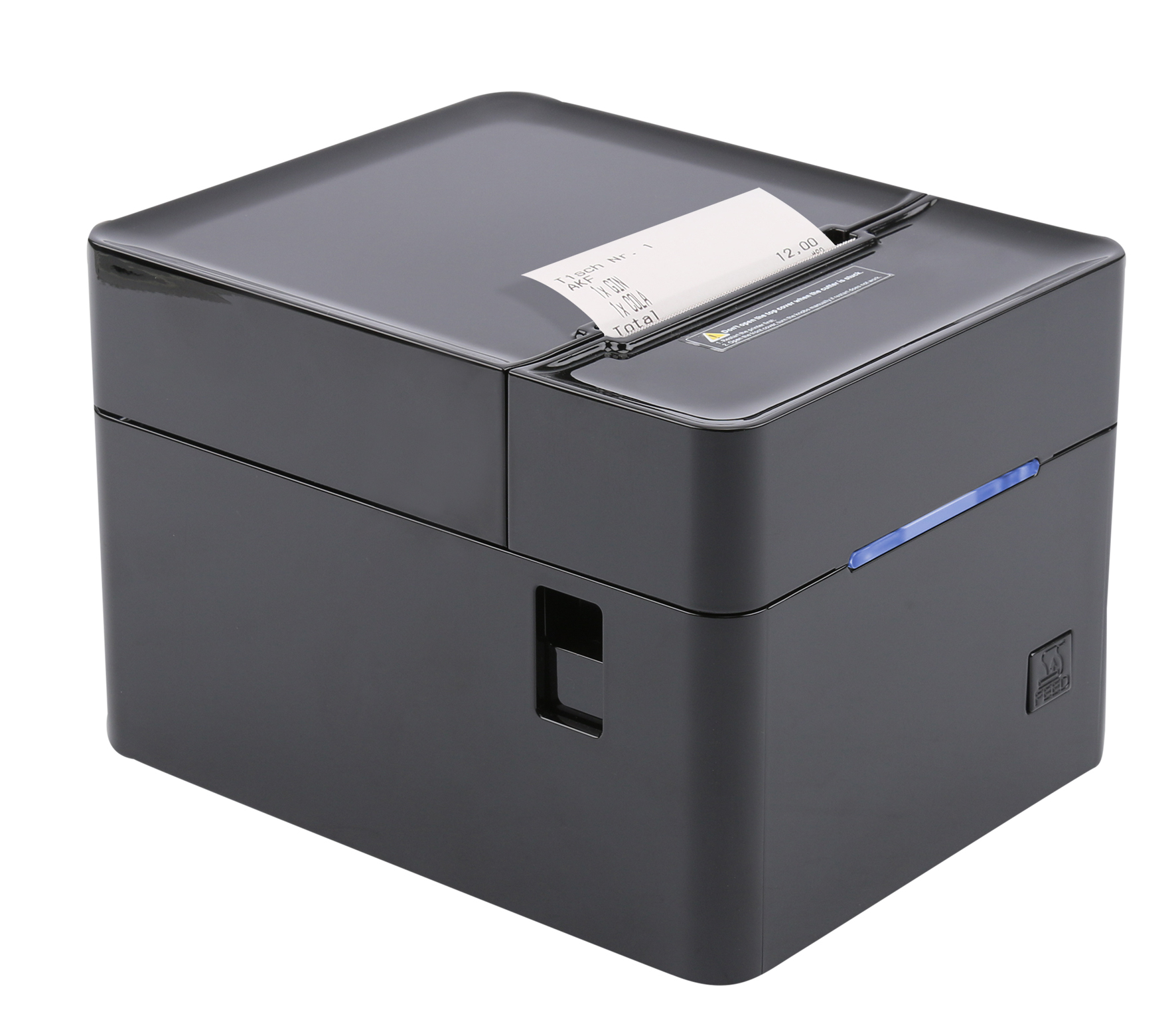 Schwarzer Kassenbon-Drucker mit bedrucktem Papier, das herauskommt.