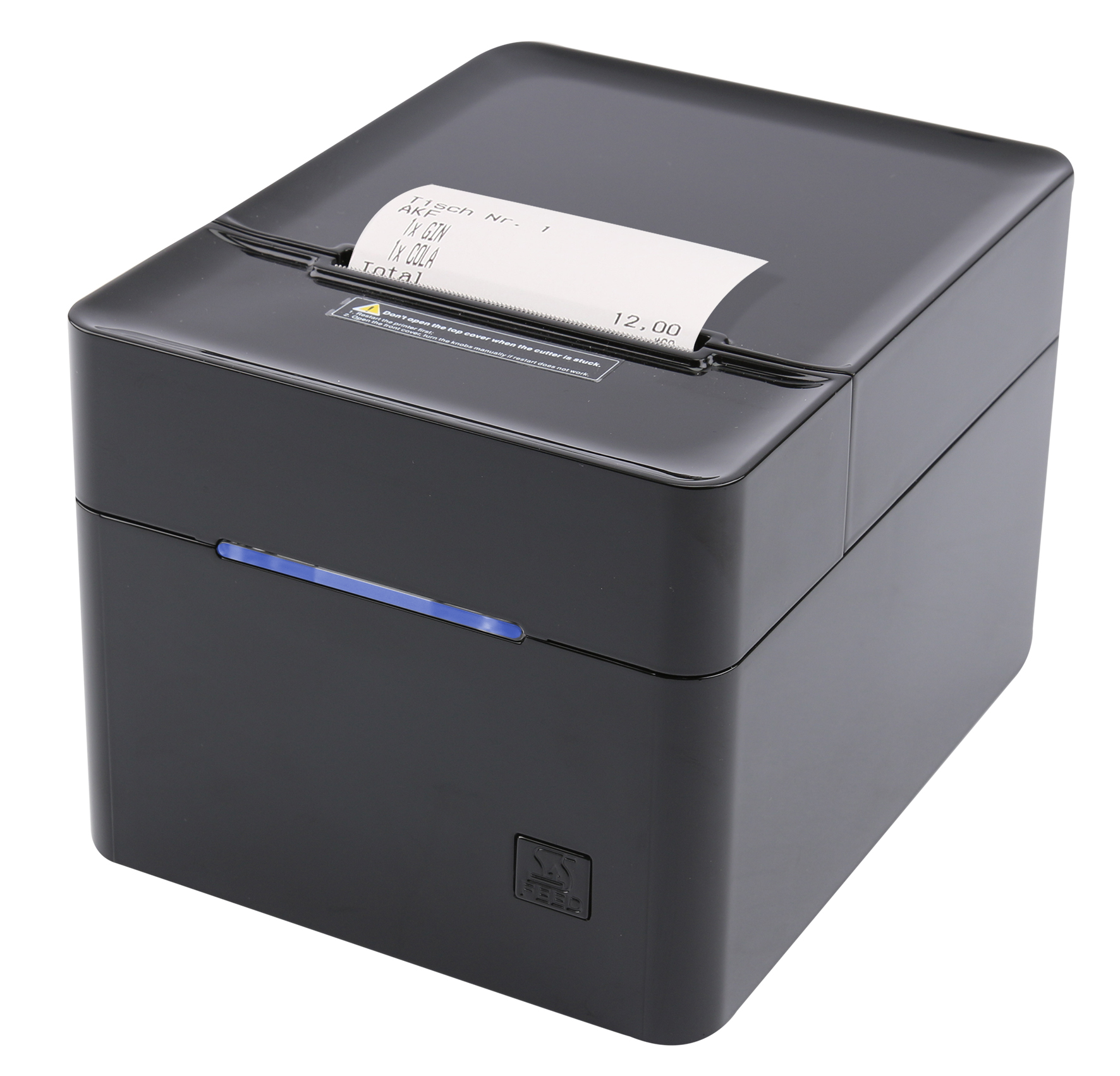 Schwarzer Kassenbon-Drucker mit bedrucktem Papier und blauer LED.