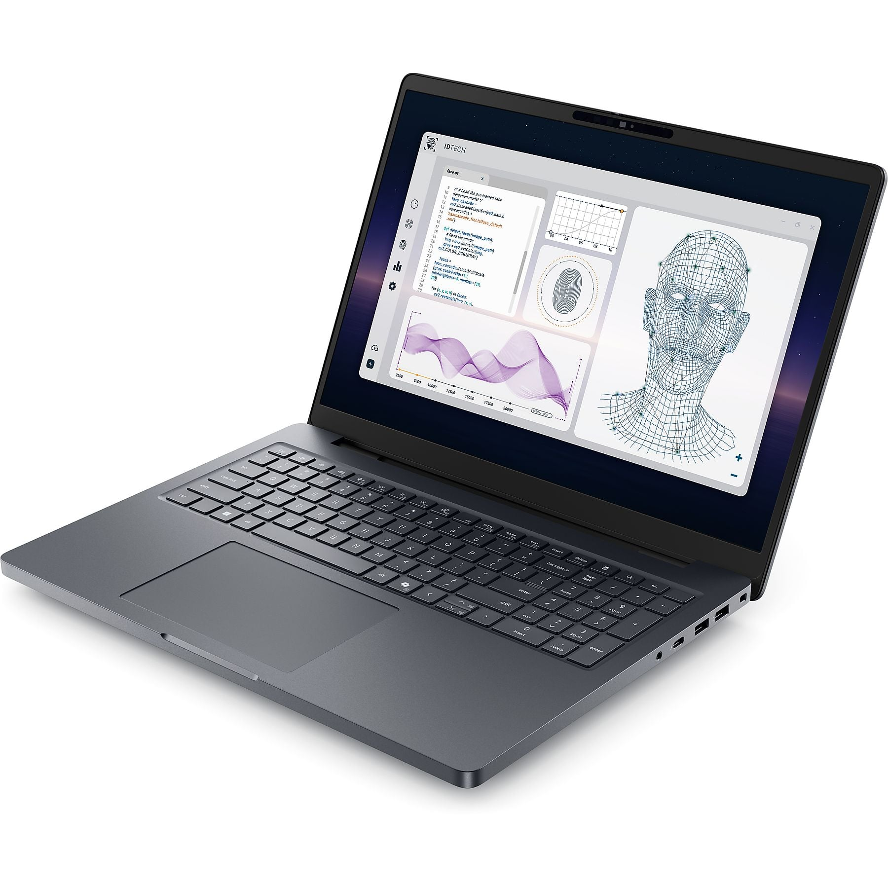 Un laptop grigio scuro mostra codice, grafici, impronta digitale e volto wireframe.