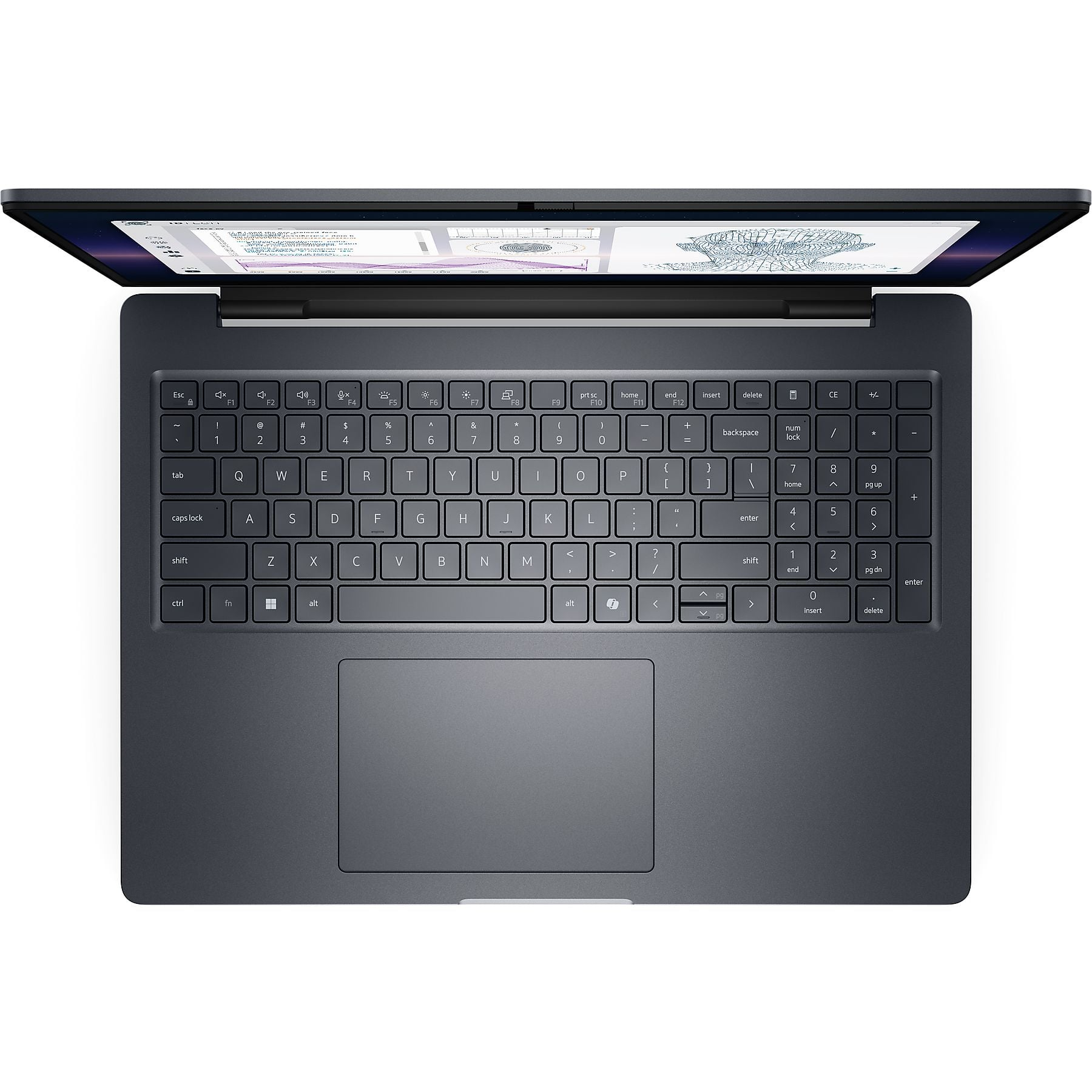 Laptop grigio scuro, aperto dall'alto, con tastiera e touchpad illuminati.