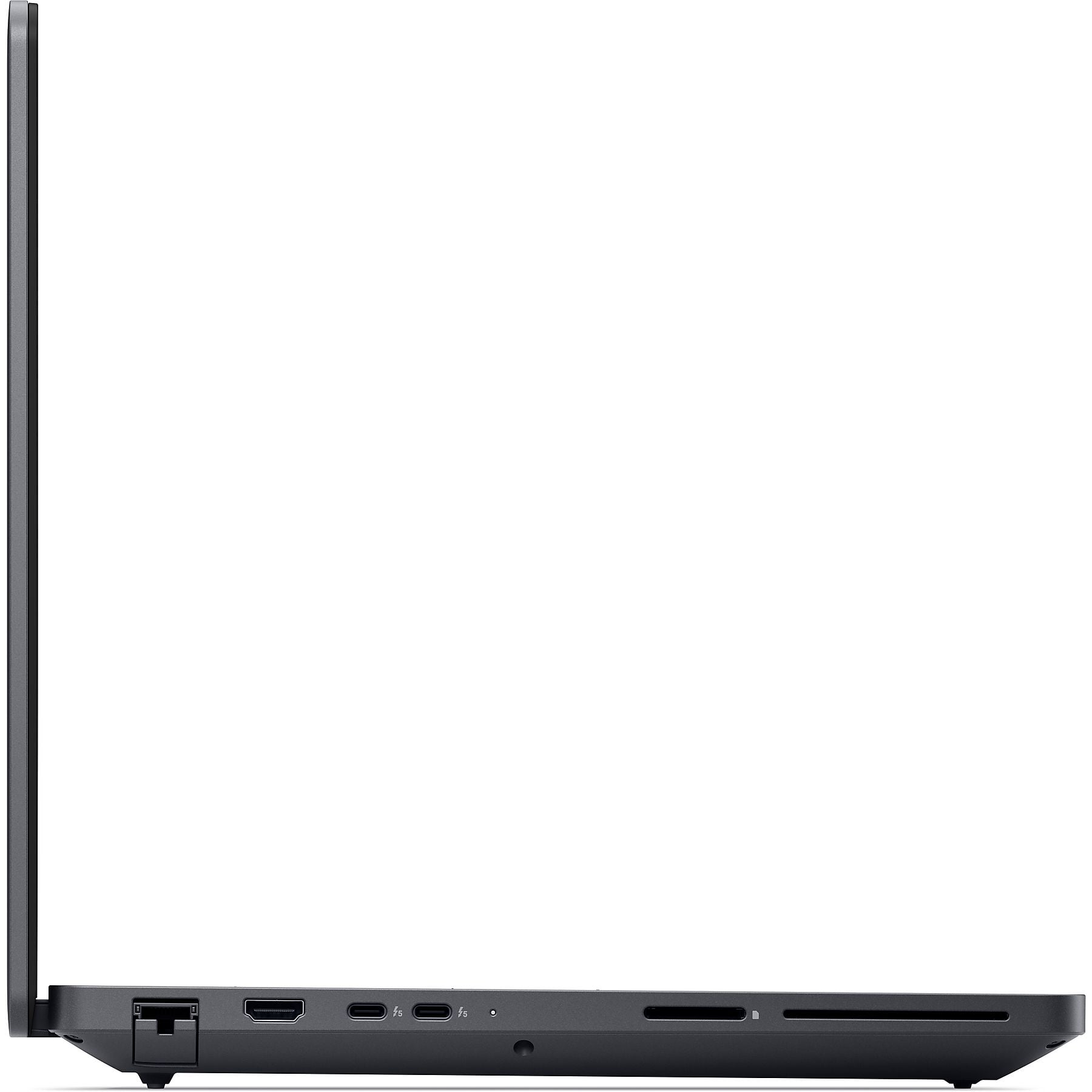 Vista laterale di un laptop nero che mostra le porte: Ethernet, HDMI, USB-C, lettore di schede SD.