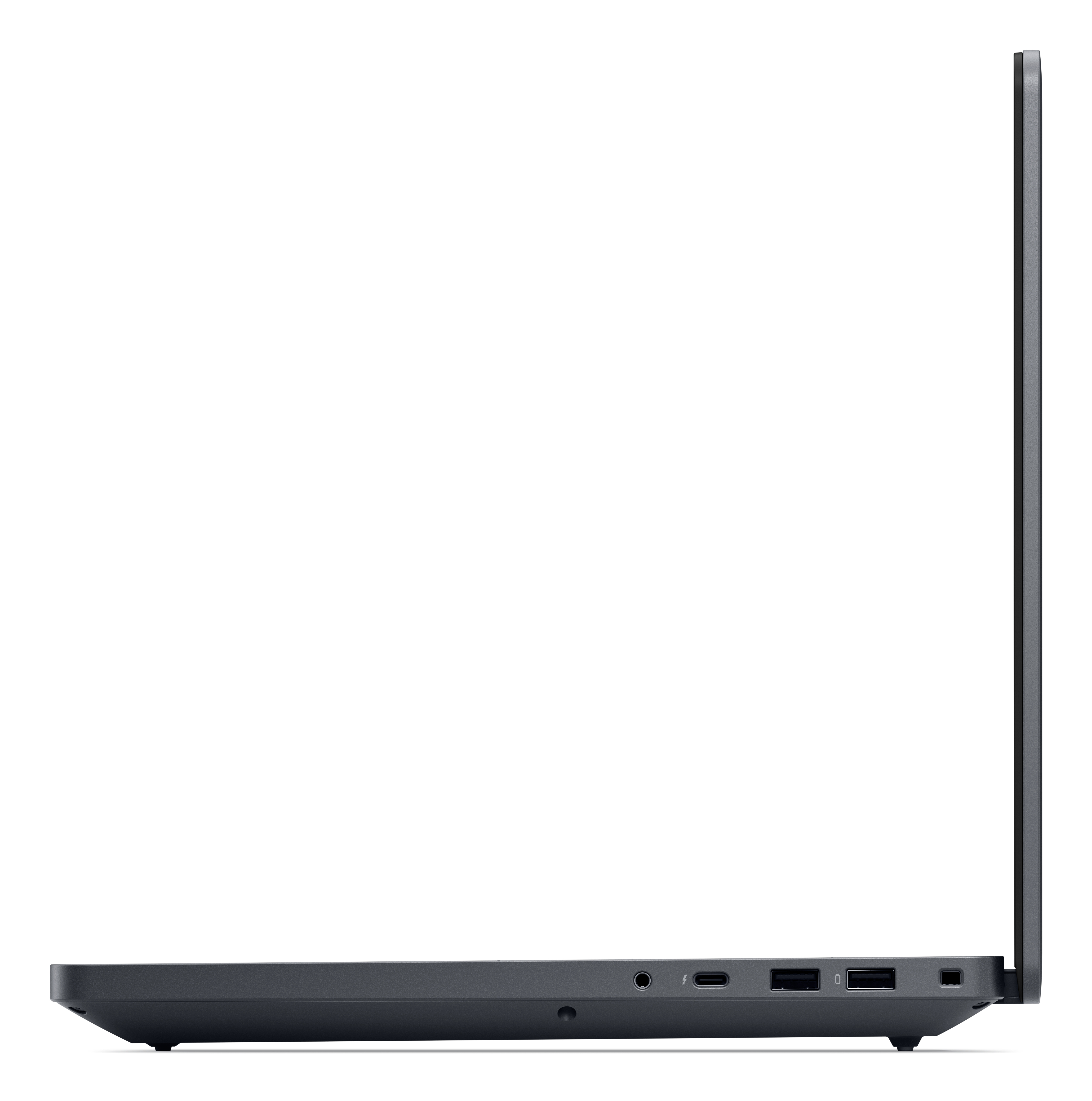 Laptop grigio vista laterale con porte: cuffie, USB-C, USB-A, alimentazione.