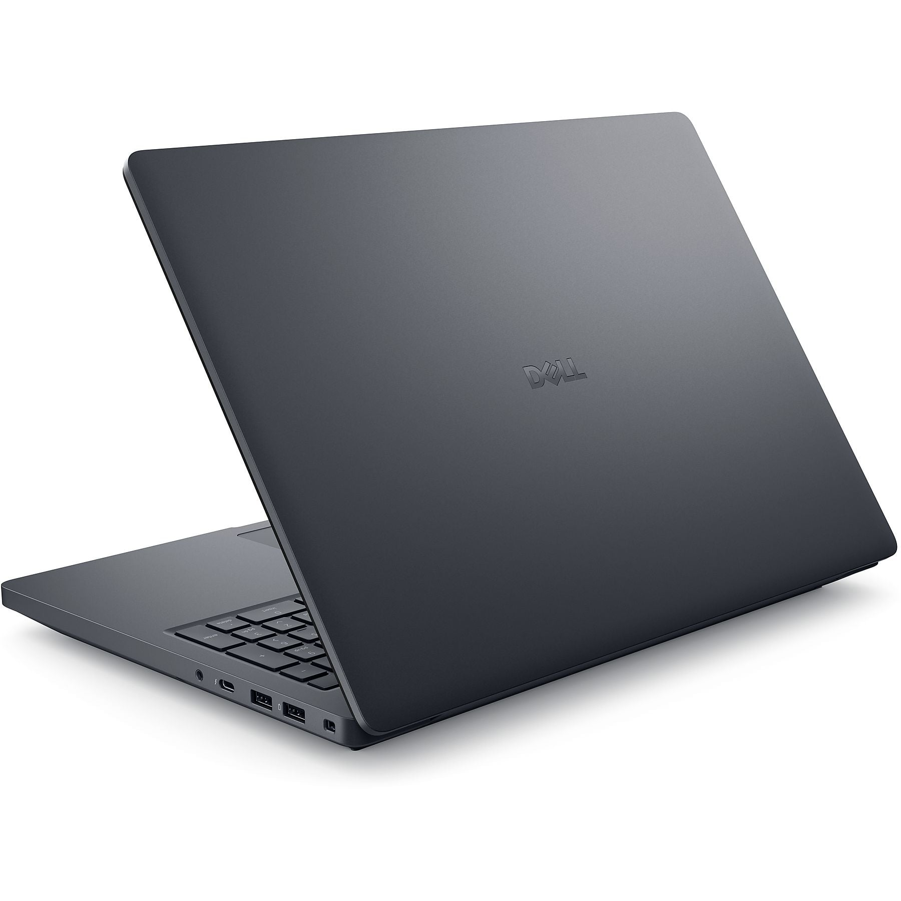 Un laptop Dell scuro con il coperchio aperto, tastiera visibile.