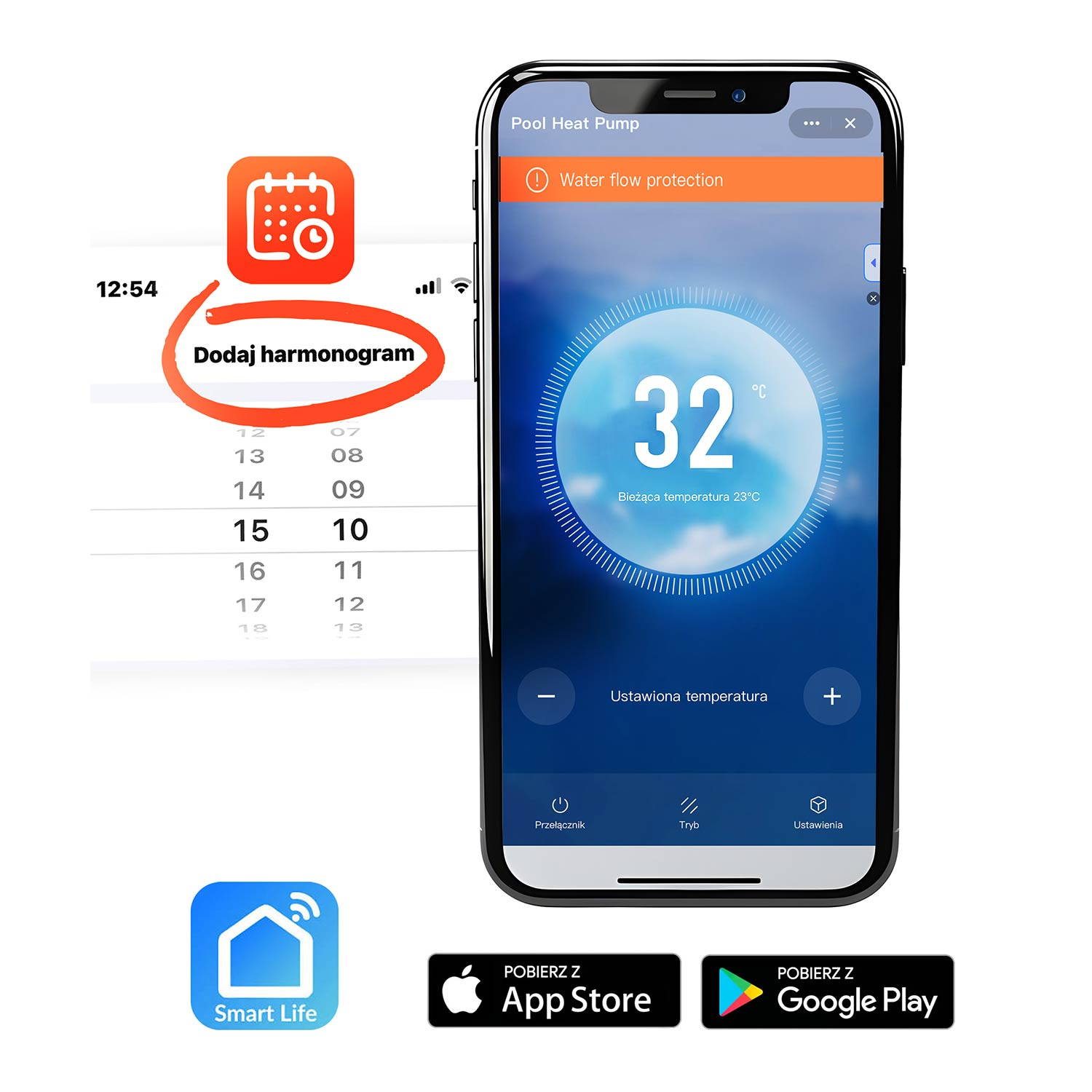 Telefon pokazuje aplikację pompy ciepła do basenu z 32°C i ochroną przepływu