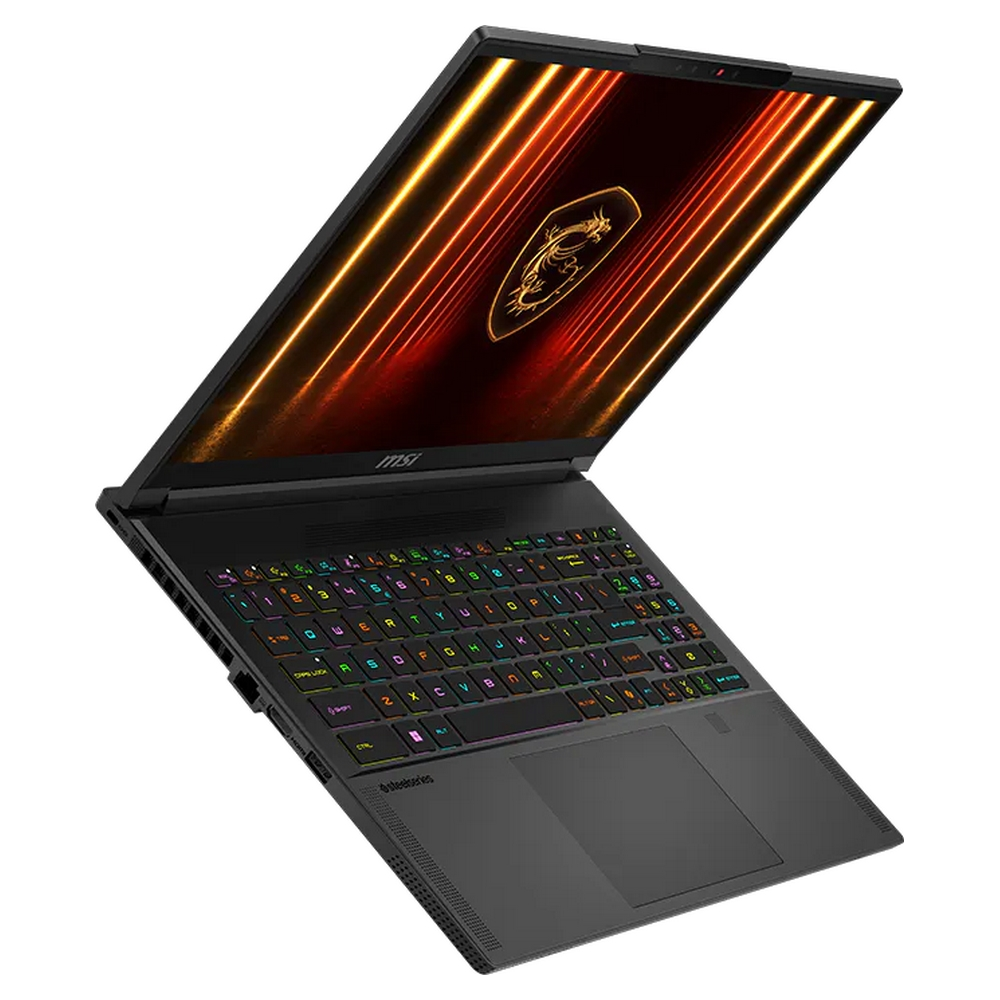 Laptop MSI nero con tastiera illuminata e logo del drago sullo schermo.