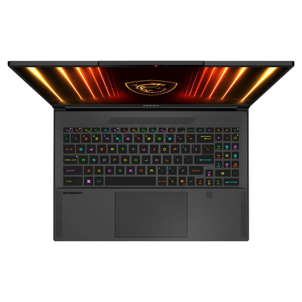 Un laptop gaming MSI aperto con logo drago sullo schermo e tastiera RGB.