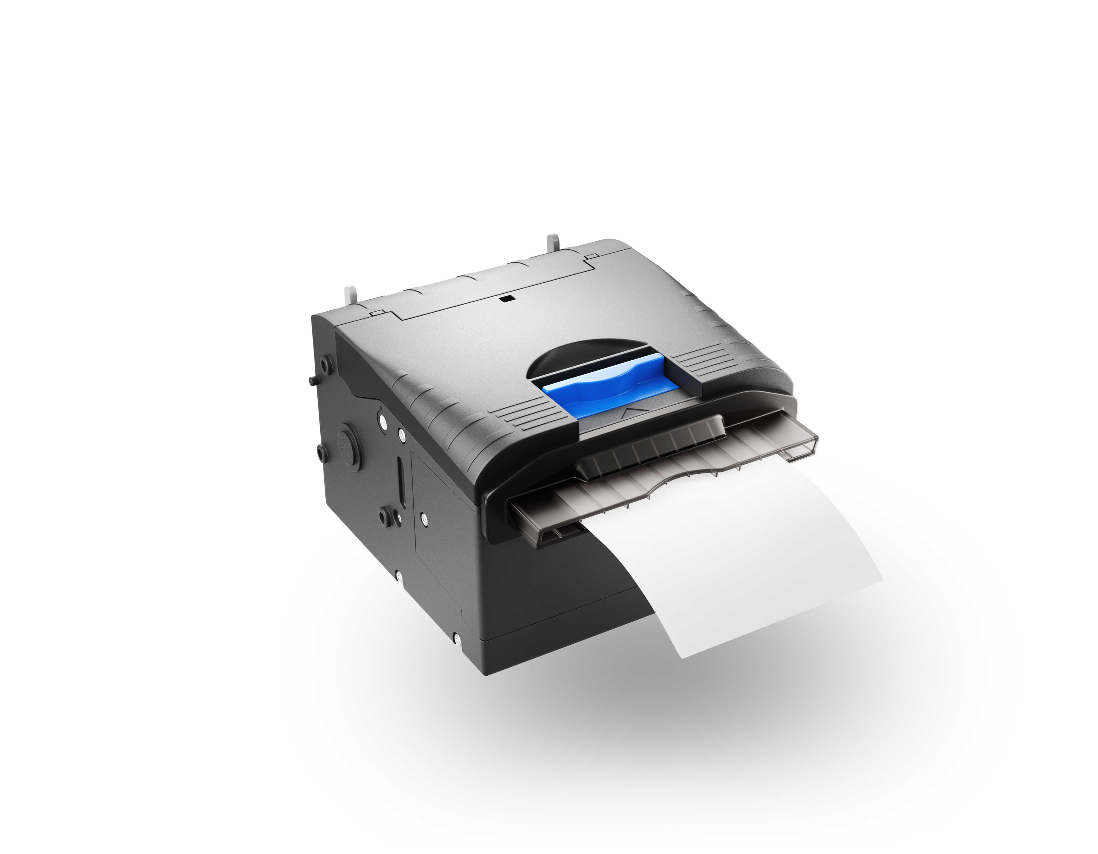 Una stampante termica nera con display blu e uscita carta.