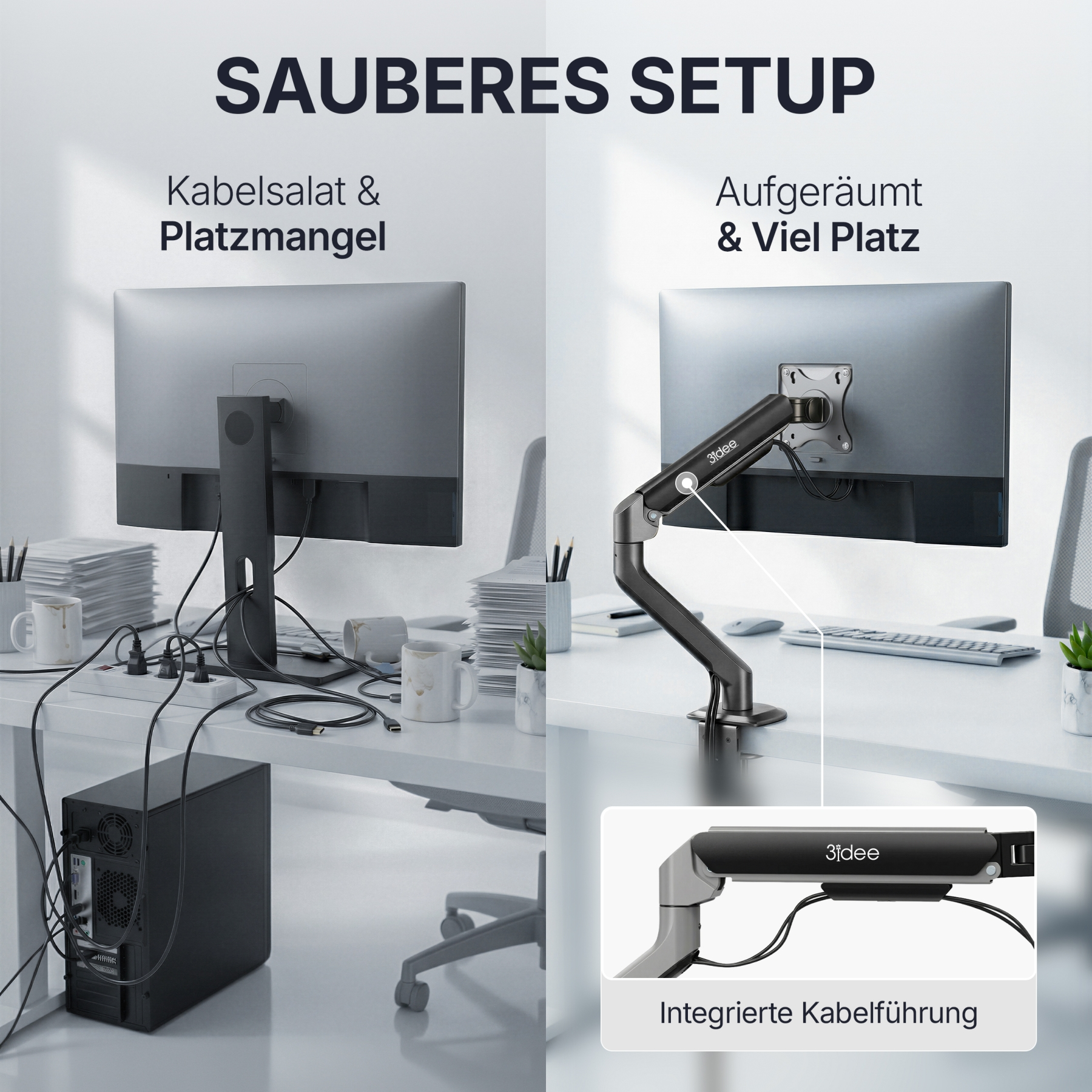 Unordentlicher Schreibtisch mit Kabeln und ein aufgeräumter Schreibtisch mit Monitorarm.