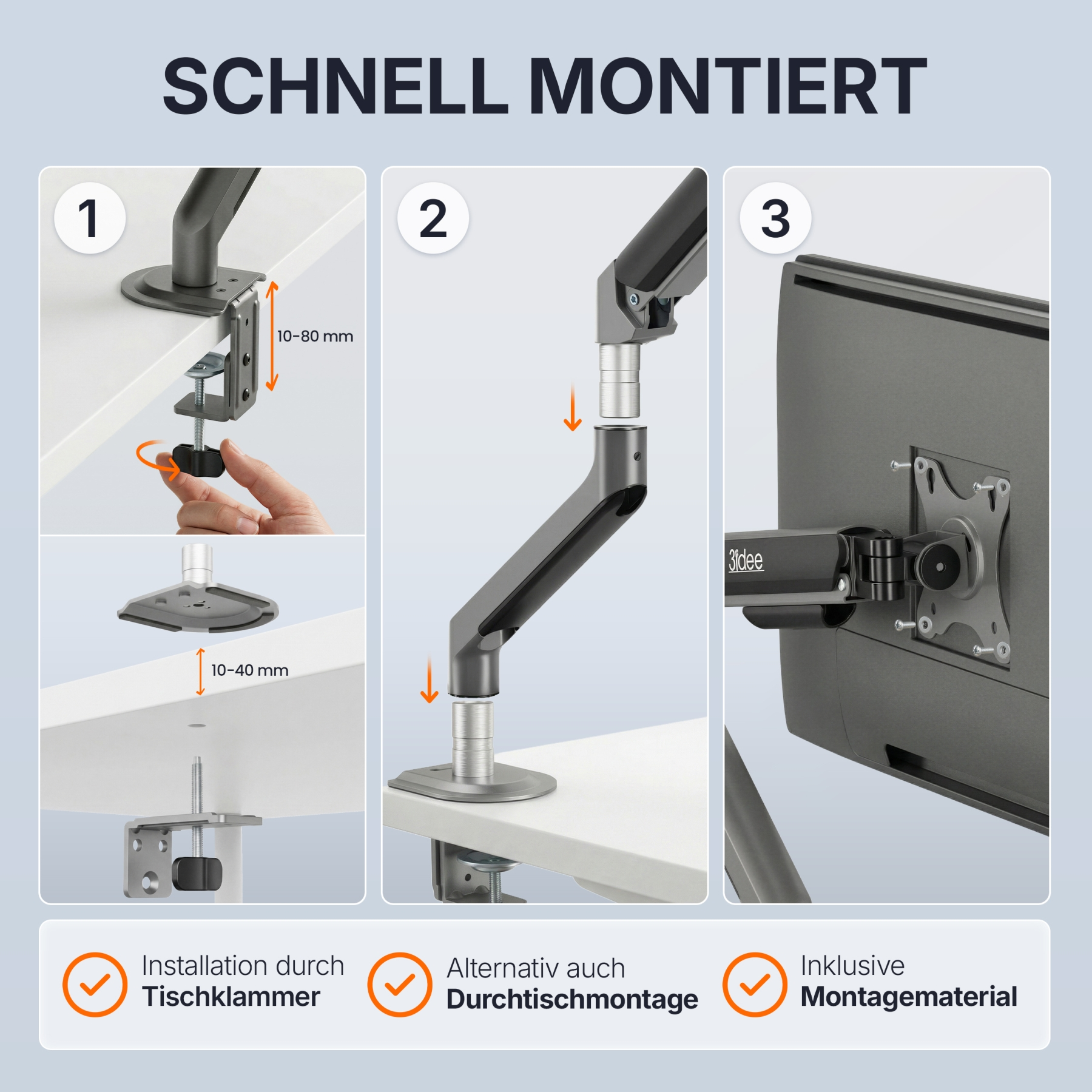 Anleitung zur schnellen Montage eines Monitorarms in drei Schritten.