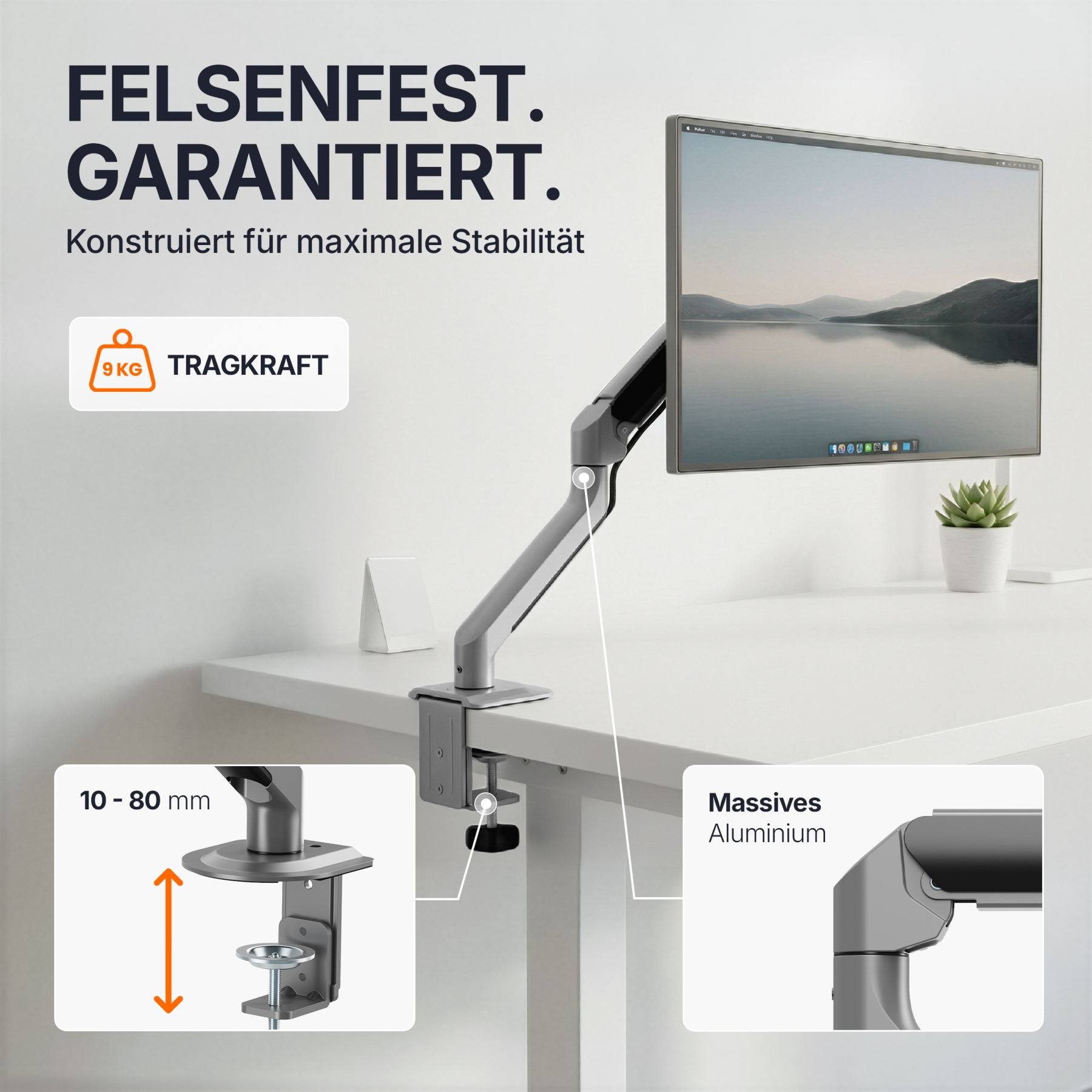 Ein Monitorarm aus Aluminium mit 9 kg Tragkraft, befestigt an einem weißen Schreibtisch.