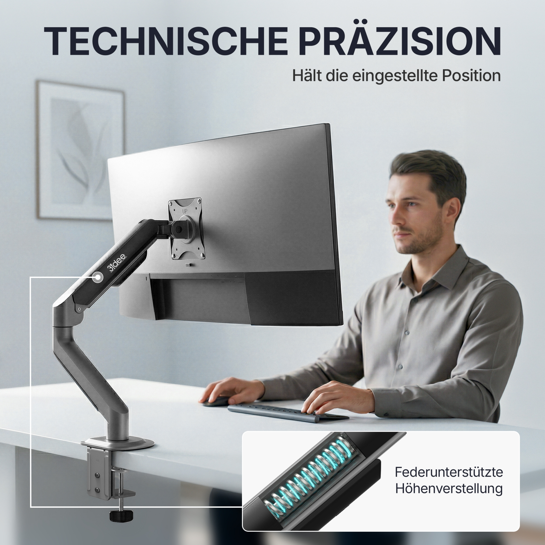 Mann am Schreibtisch mit Monitorarm, der einen Bildschirm hält. Detailansicht der Feder.