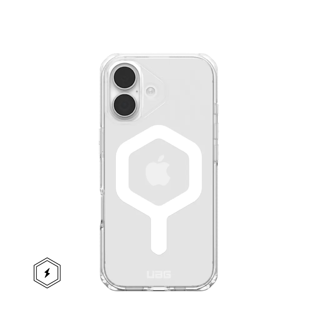 Przezroczyste etui na telefon z dwoma aparatami i białym logo.
