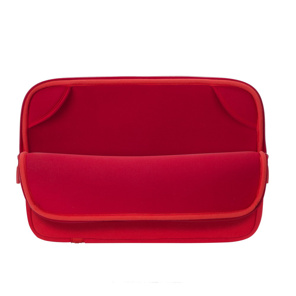 Custodia rossa per laptop, aperta, con angoli rinforzati.