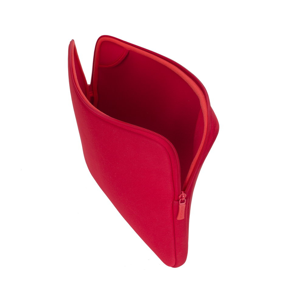 Custodia rossa in neoprene per laptop, aperta.
