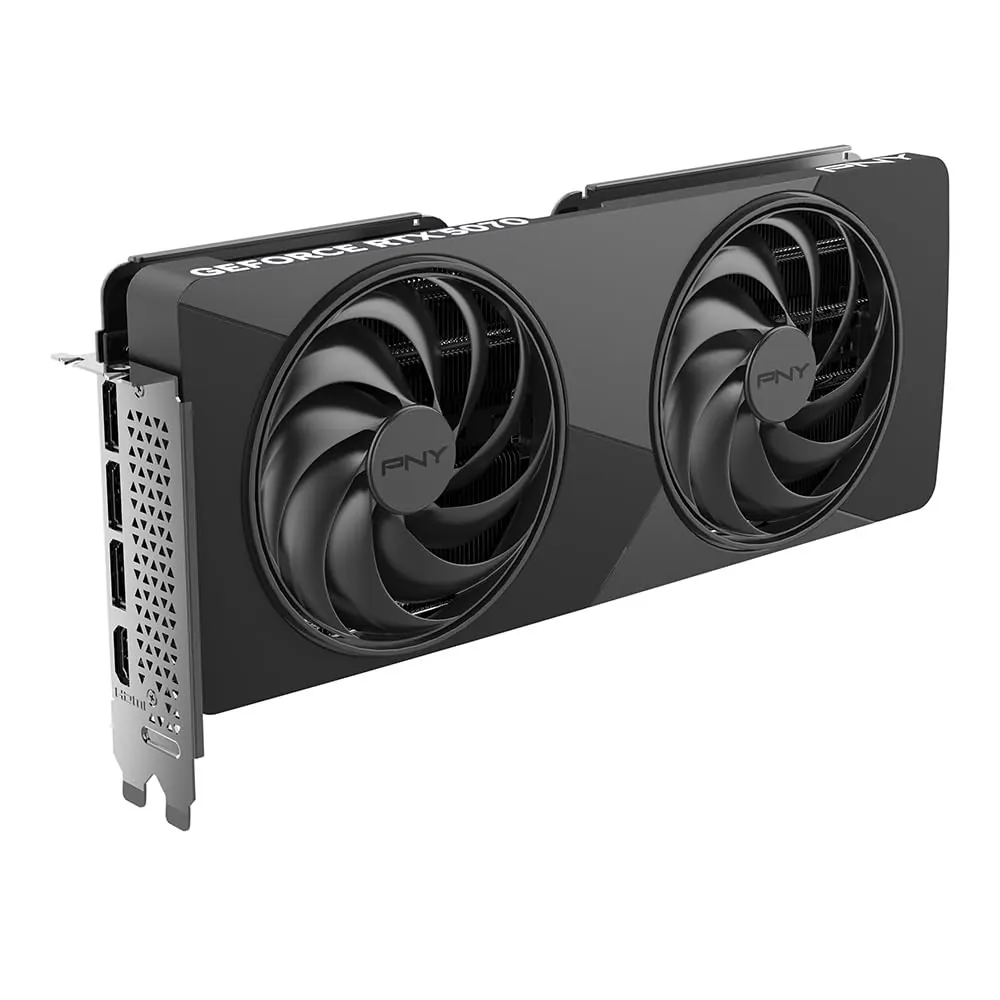 Scheda grafica nera con due ventole e porte HDMI/Display.