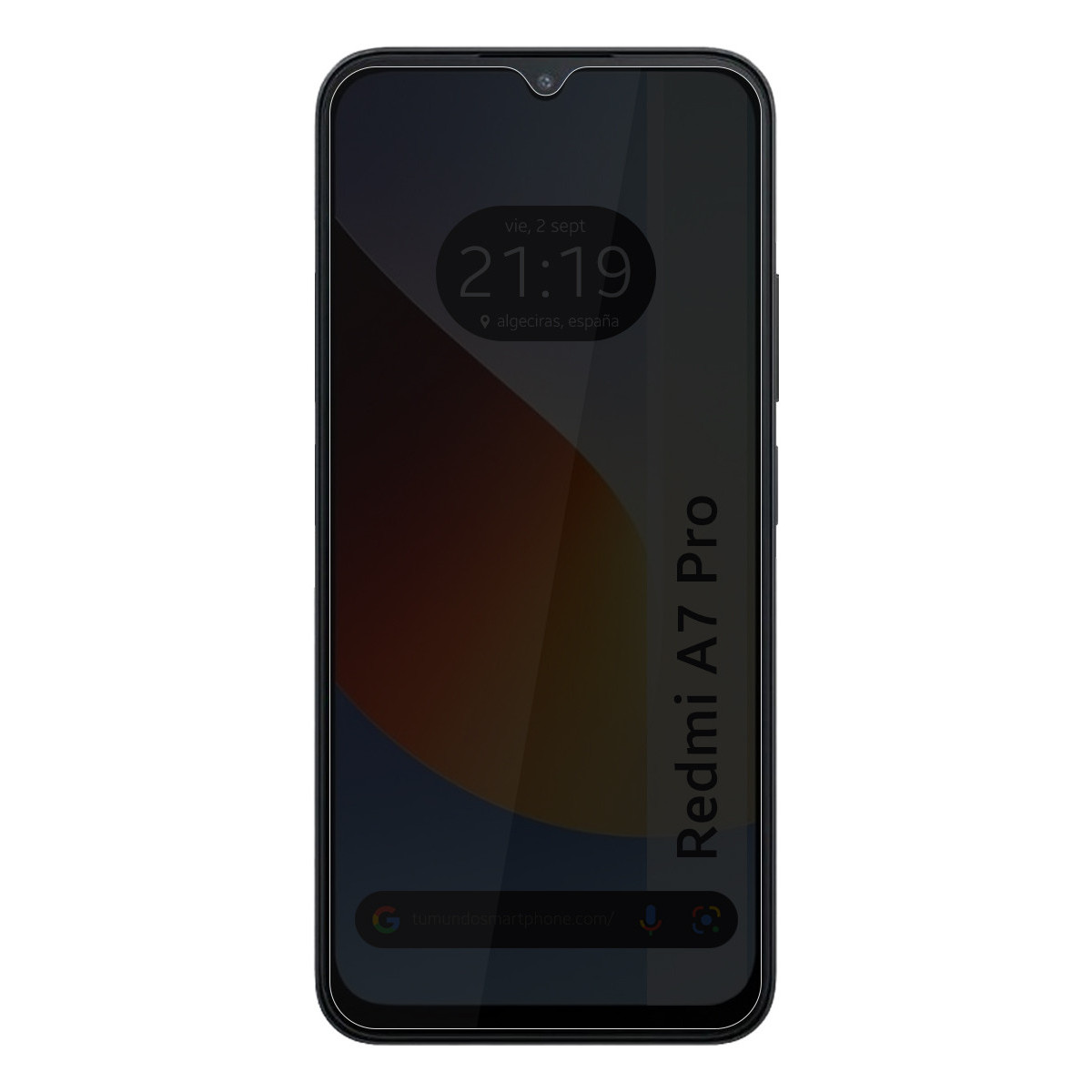 Un smartphone negro muestra la hora 21:19, fecha y lugar.