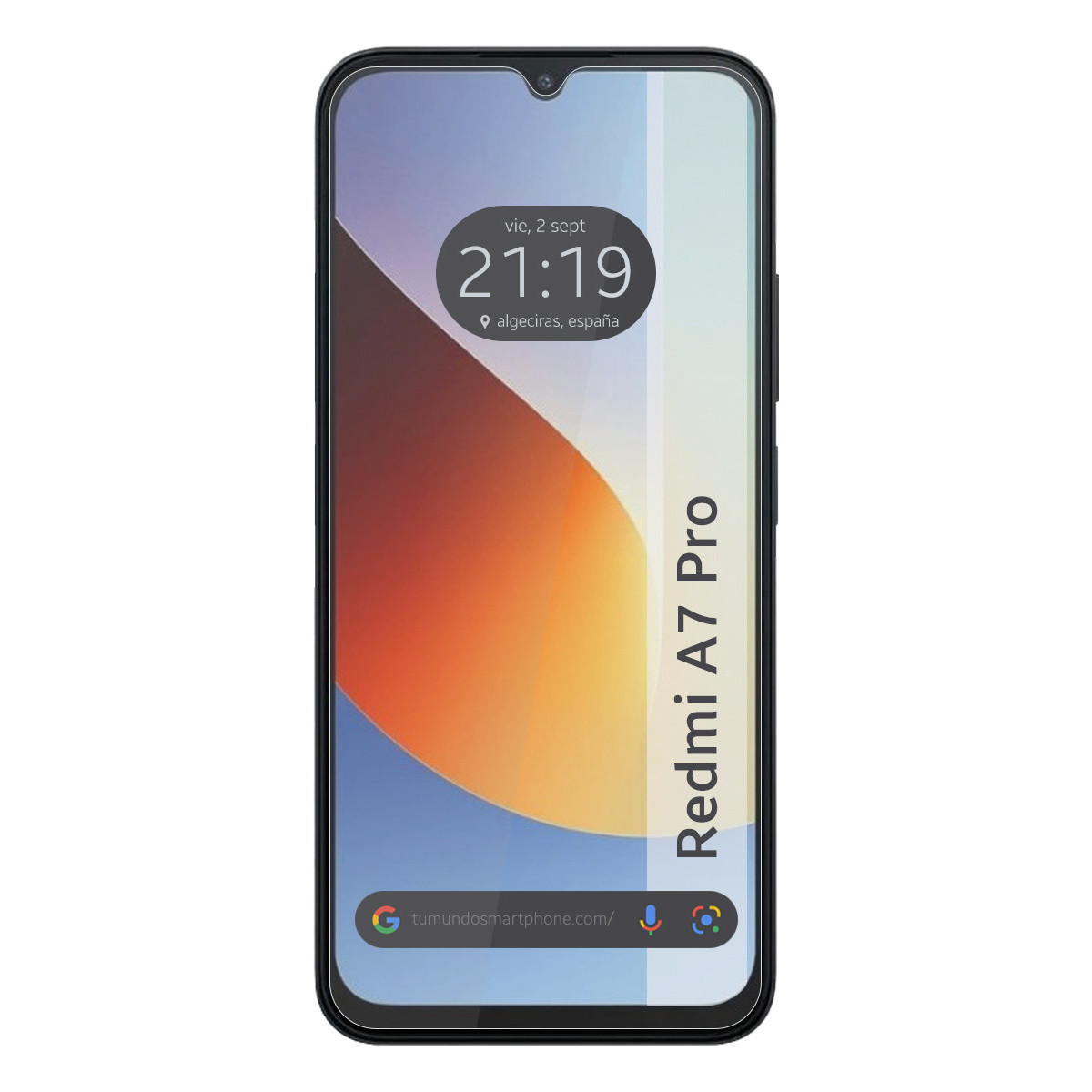 Un smartphone negro muestra las 21:19 y el texto 'Redmi A7 Pro'.