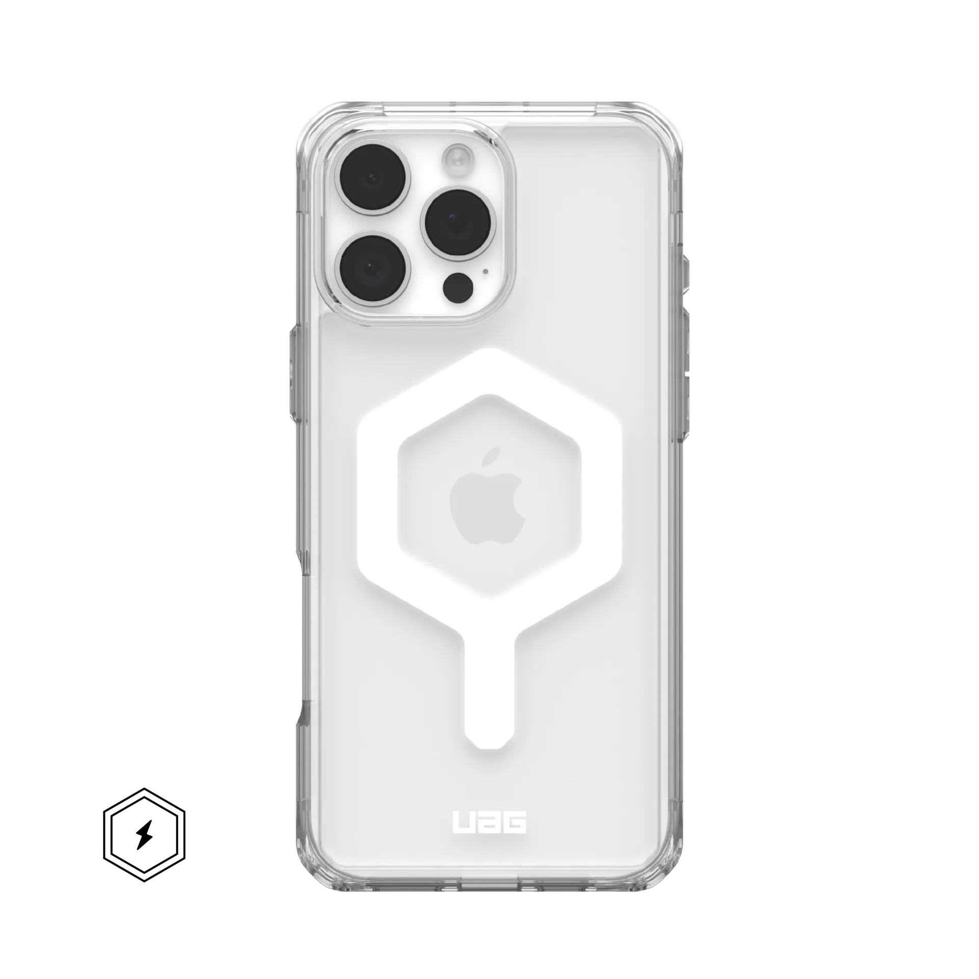 Durchsichtige Handyhülle mit Apple-Logo und Blitz-Symbol auf weißem Hintergrund.