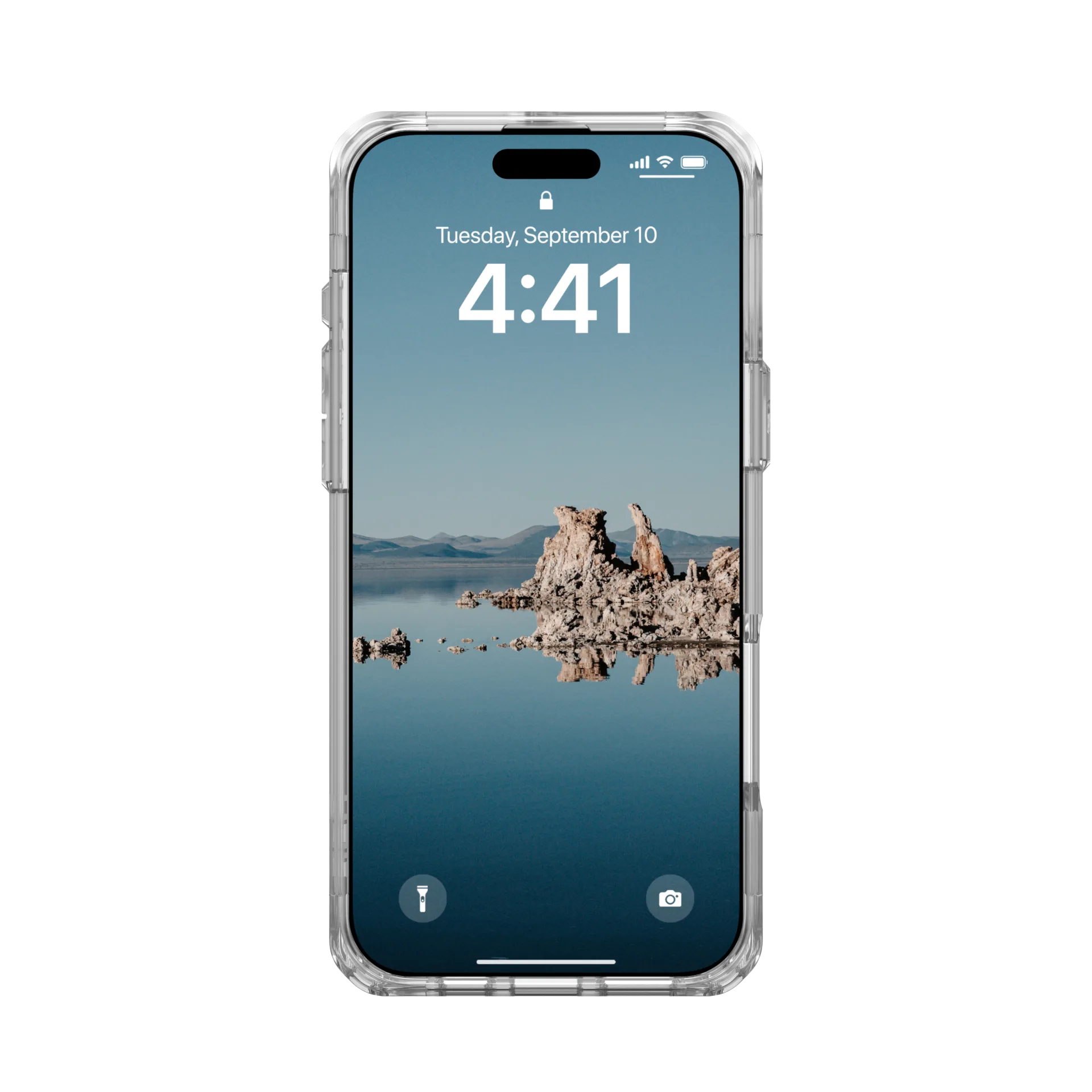 Ein durchsichtiges iPhone zeigt eine gesperrte Ansicht mit Felsen im Wasser.
