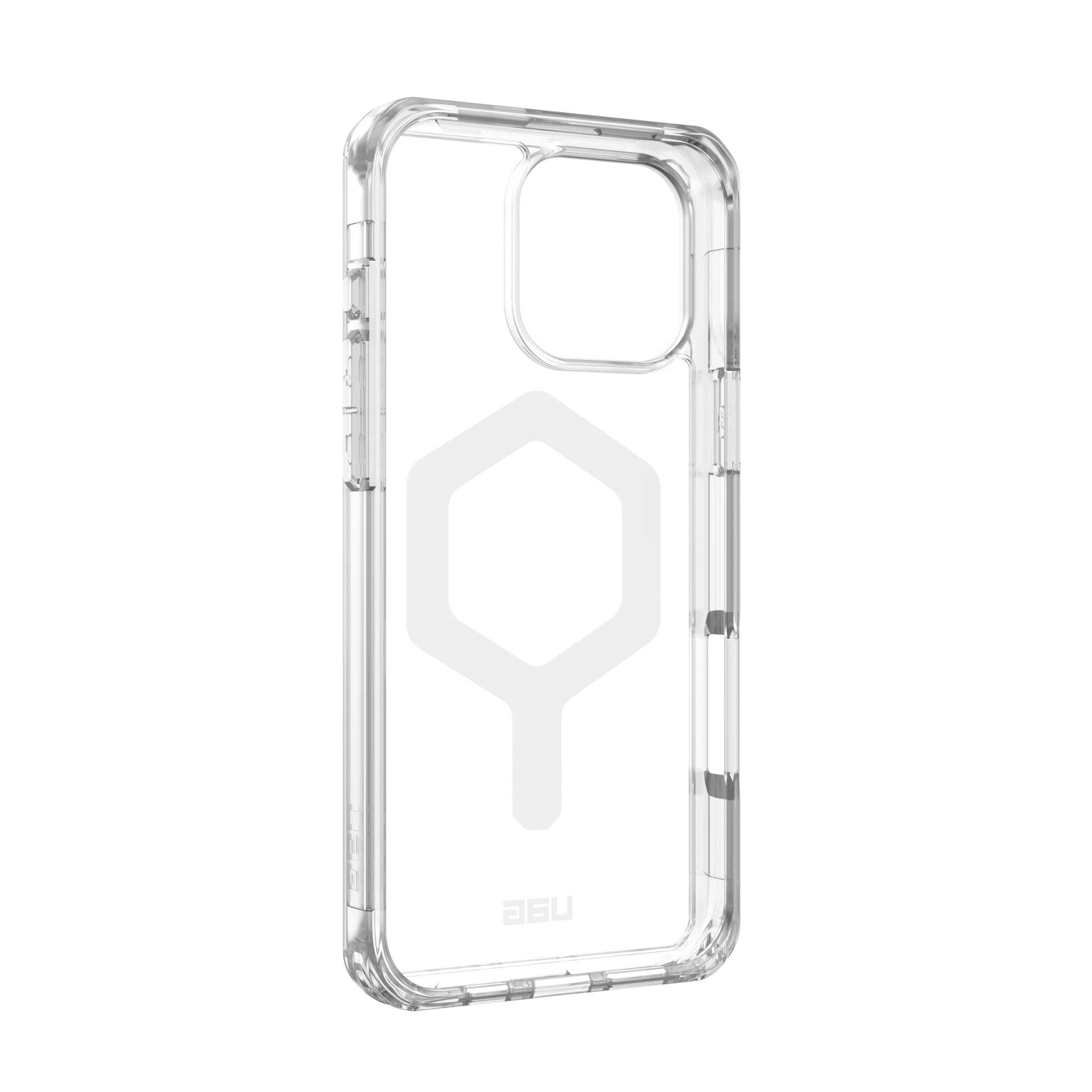 Eine transparente Handyhülle mit einem sechseckigen Muster im Hintergrund.
