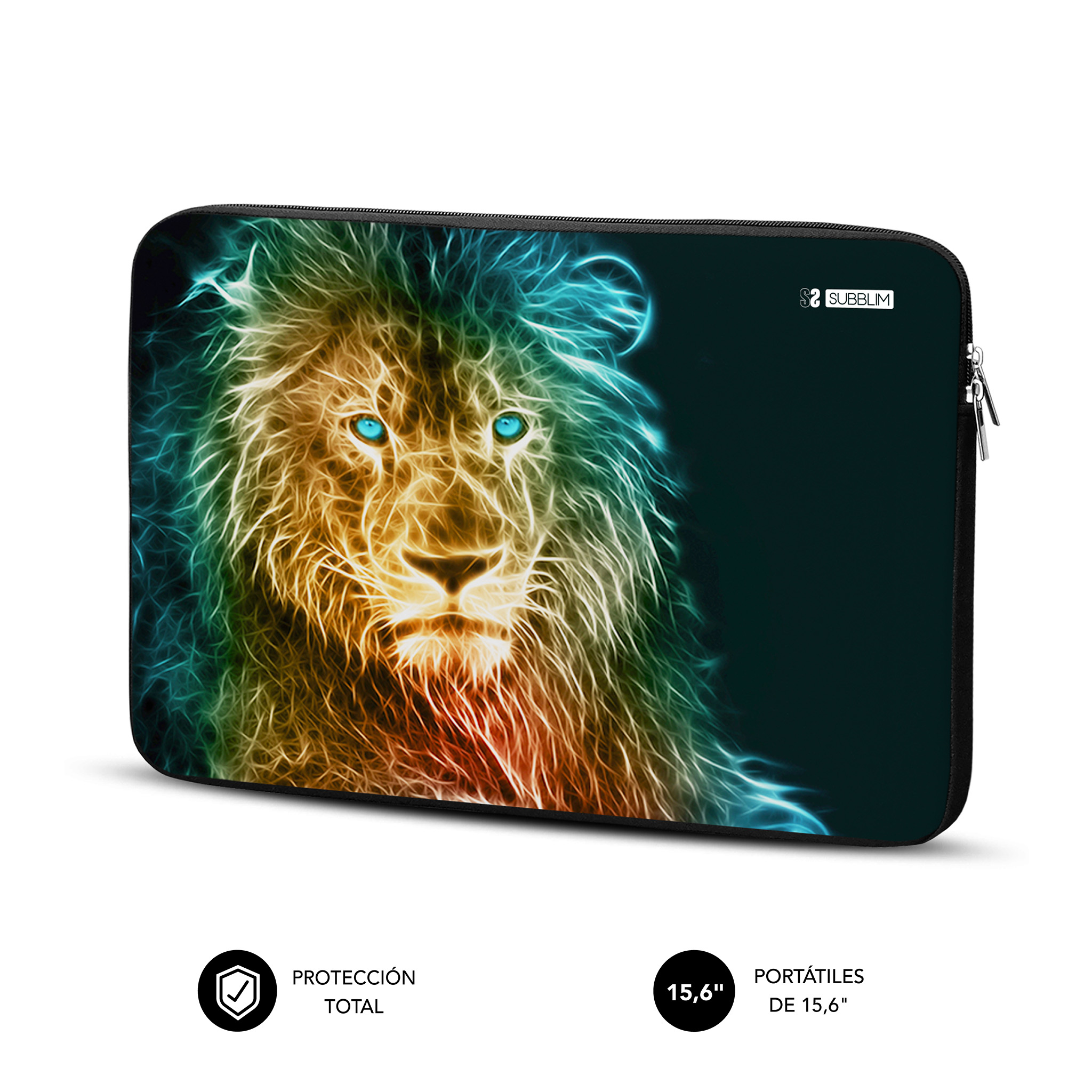 Custodia nera per laptop con design a testa di leone luminosa e occhi blu.