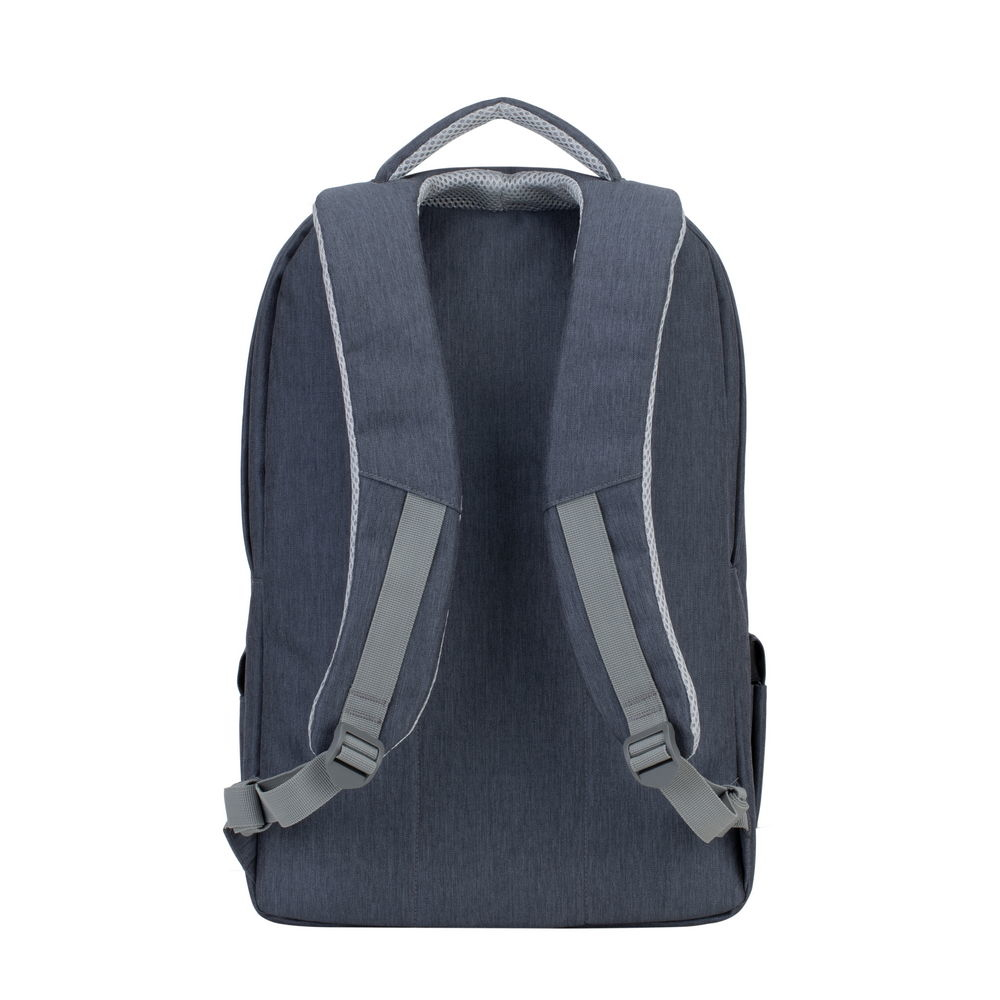 Rückseite eines dunkelgrauen Rucksacks mit gepolsterten Trägern und reflektierenden Akzenten.