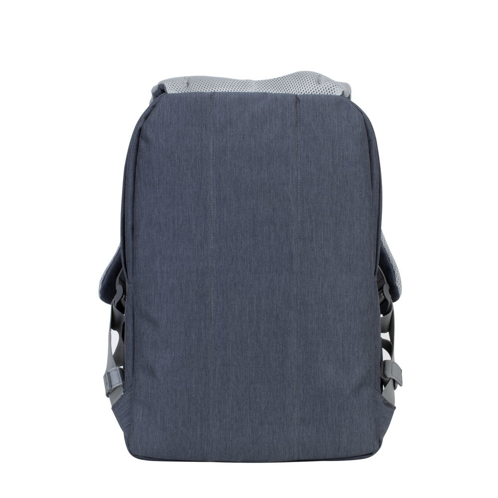 Dunkelgrauer Rucksack mit Netzrücken und grauen Trägern, von hinten.