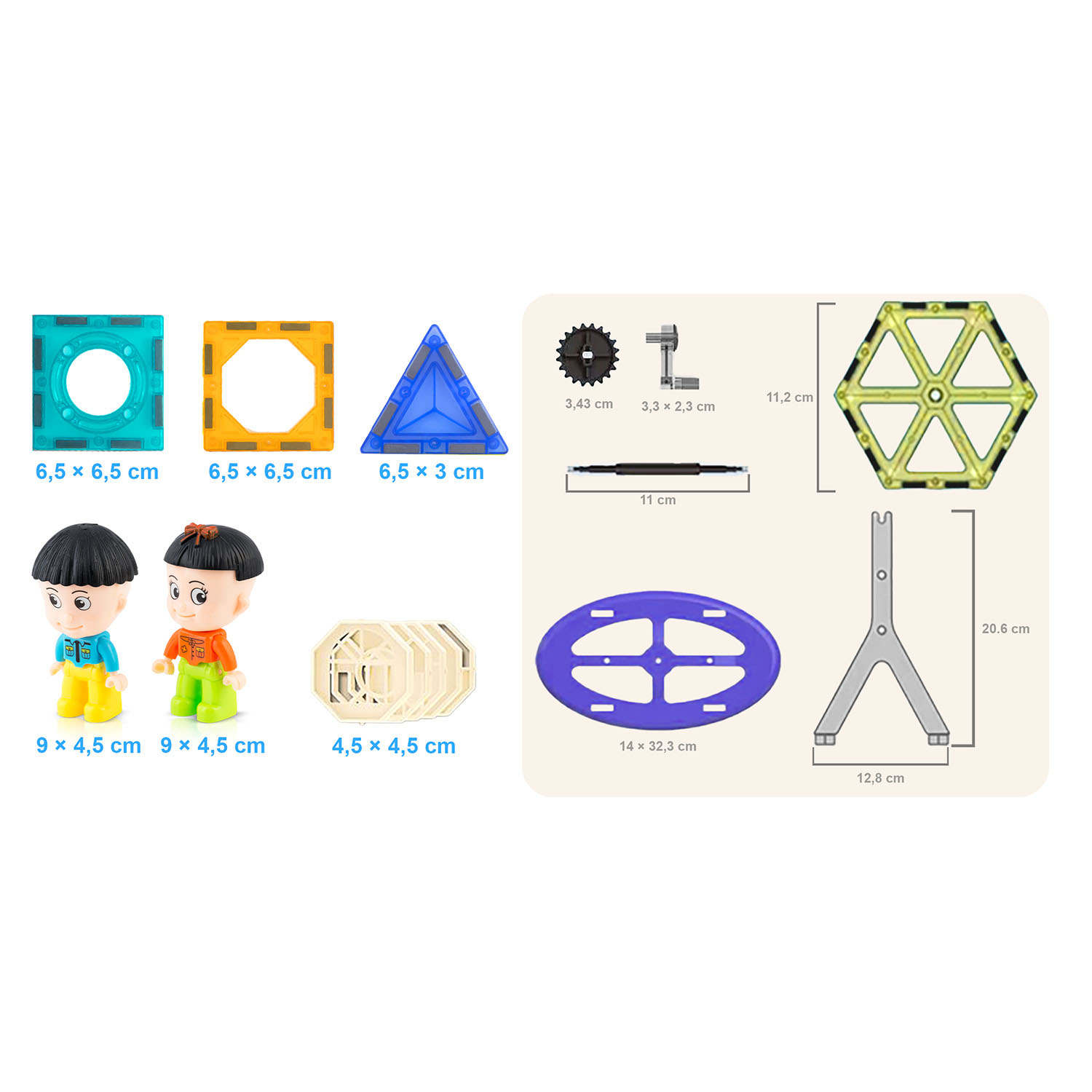 Kolorowe klocki, figurki i schematy wymiarów na białym tle.