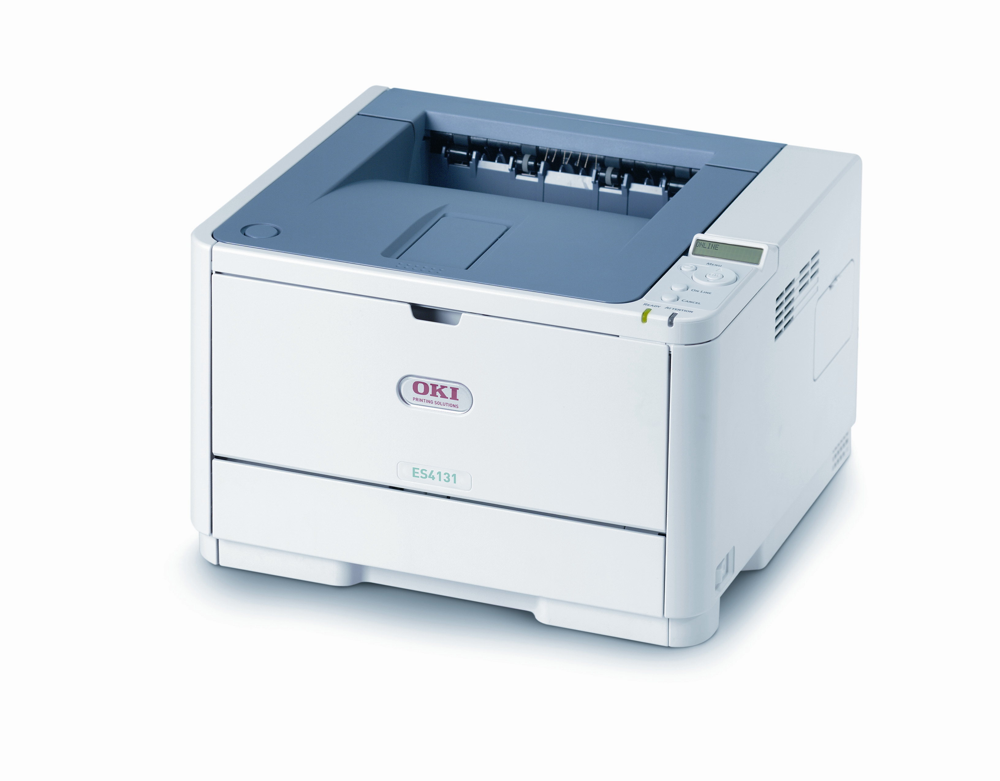 Stampante OKI ES4131 bianca con coperchio grigio-bluastro e piccolo display.