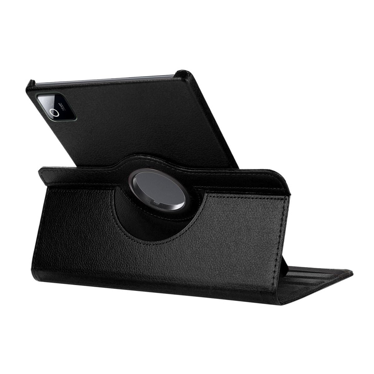Una funda tipo libro negra para una tablet, sobre una superficie blanca.