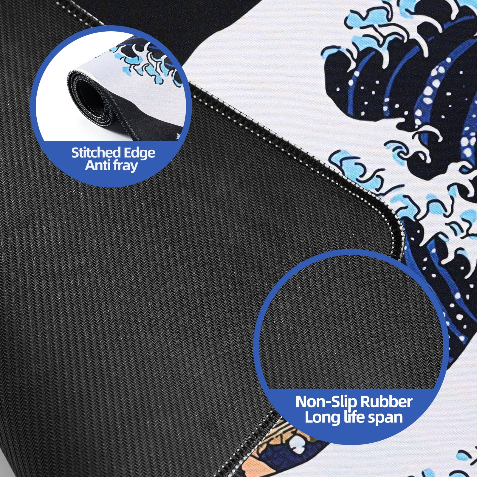 Nahaufnahme einer Mauspad-Rückseite mit Gummimuster und genähten Kanten.