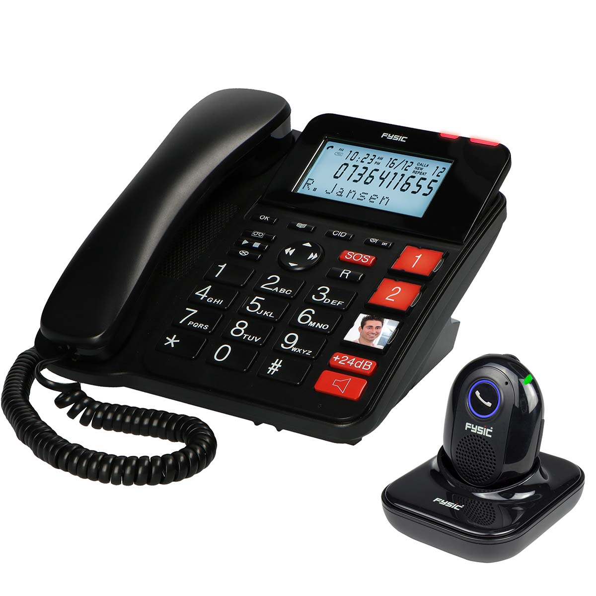 Téléphone filaire noir avec clavier numérique, écran et combiné sur station d'accueil.