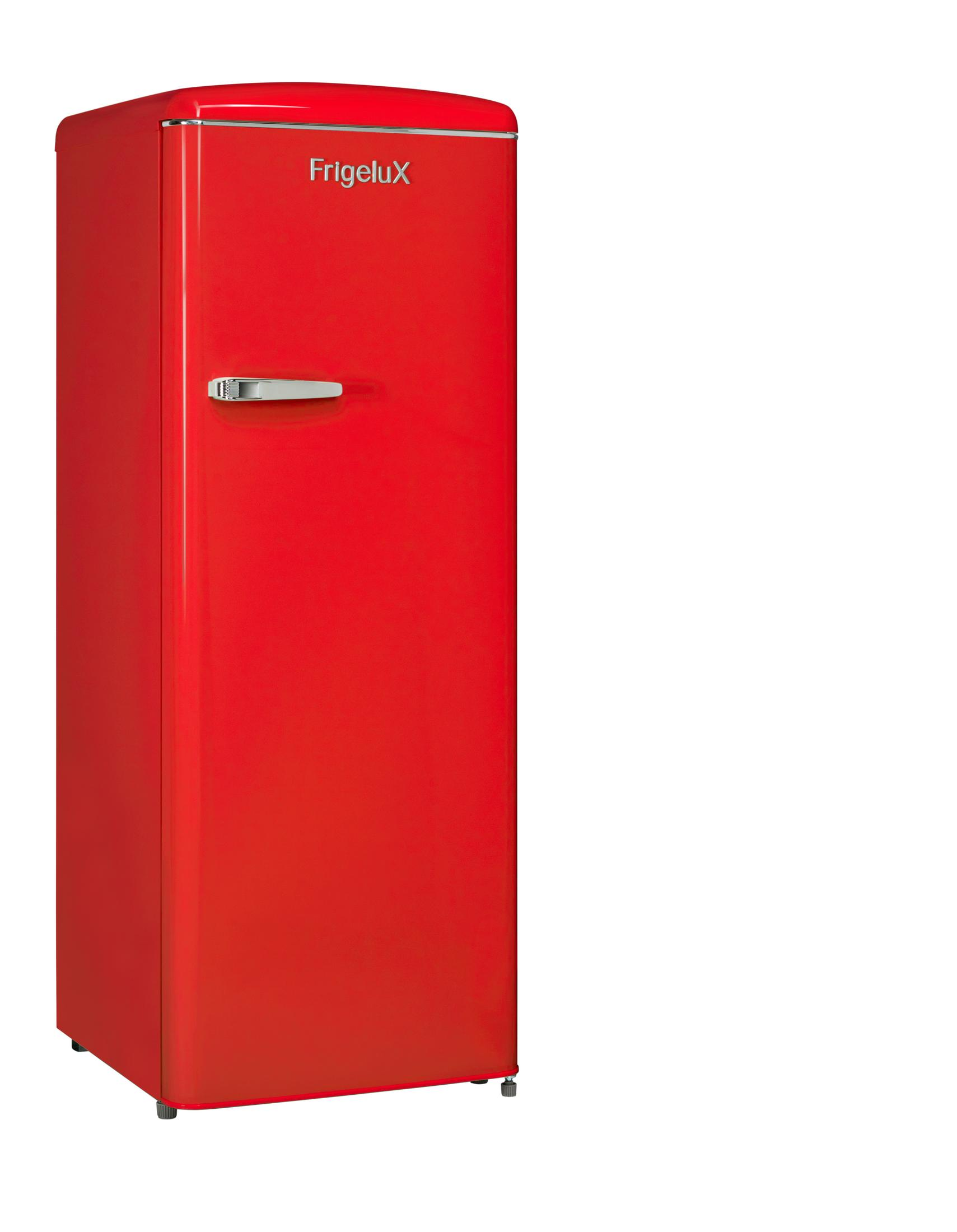 Ein roter Kühlschrank mit silbernem Griff und dem FrigeluX-Logo.