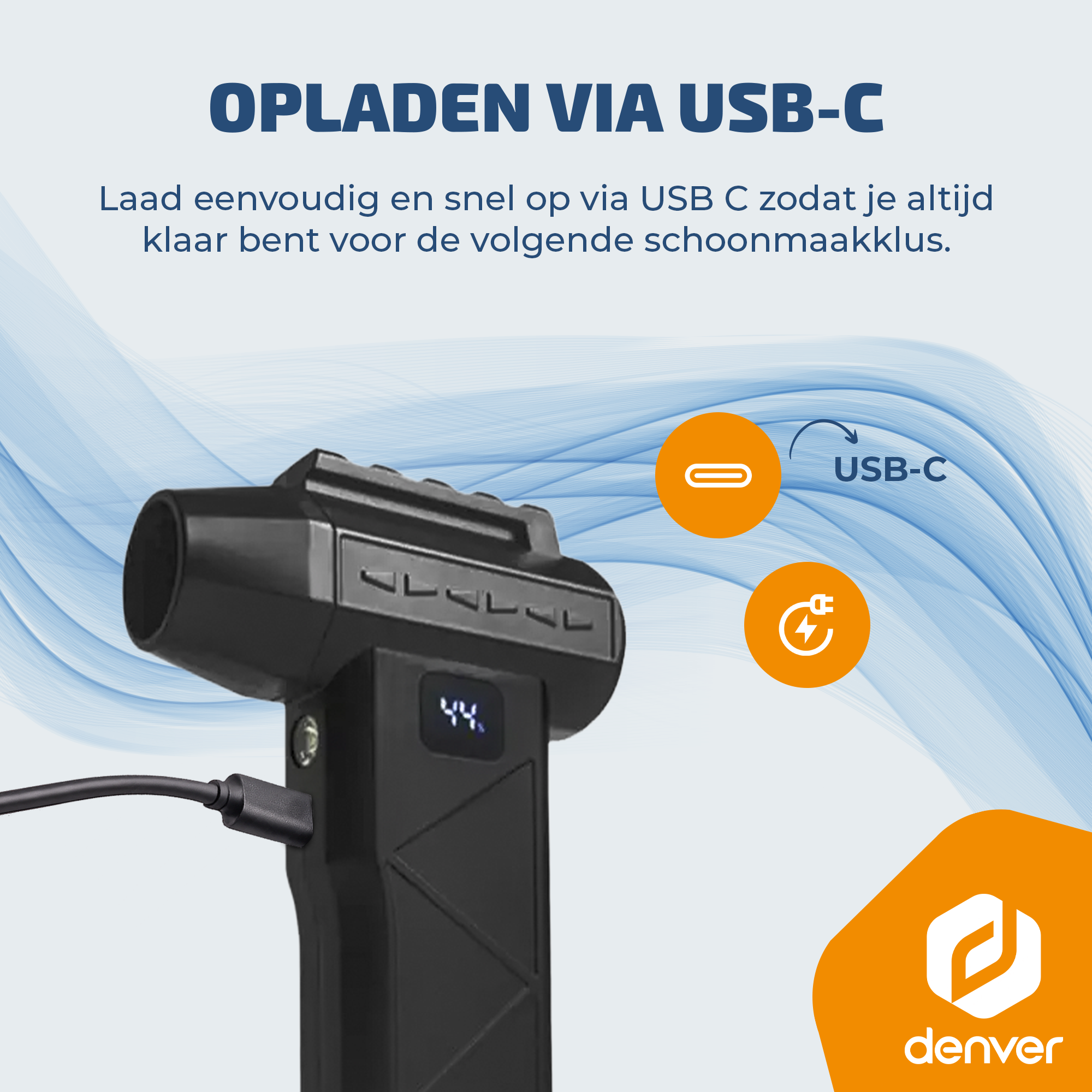 Black device charging via USB-C. Text: Charging via USB-C.