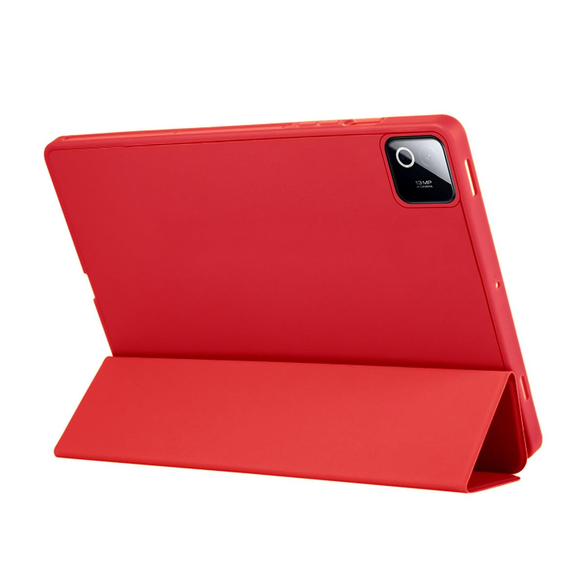 Funda roja para tableta plegada como soporte, mostrando lente de cámara. Fondo blanco.