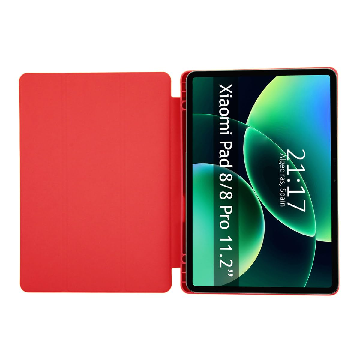 Una funda roja para tableta está abierta, revelando una pantalla Xiaomi Pad 11,2" con fondo verde.