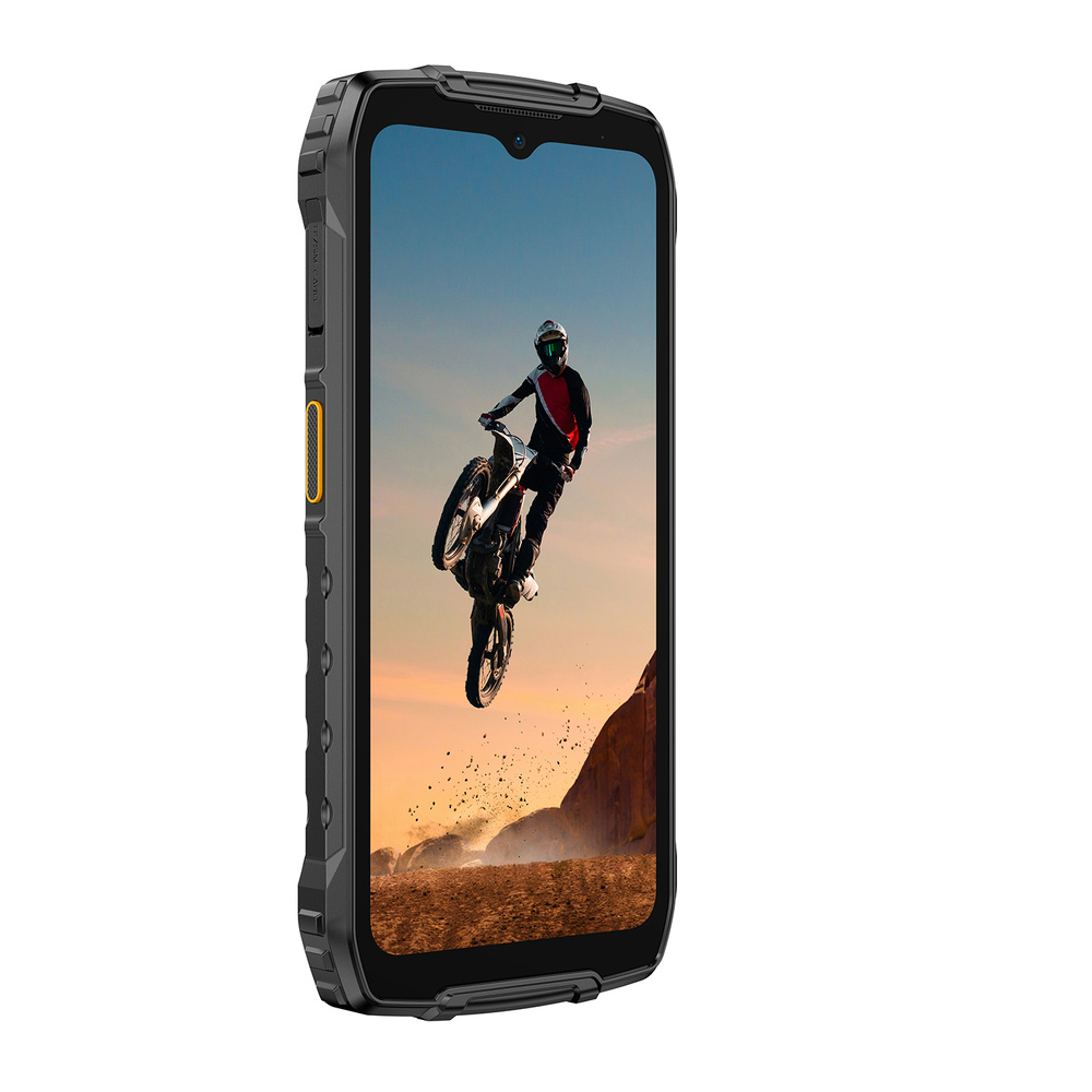 Wytrzymały smartfon pokazuje motocyklistę wykonującego skok.