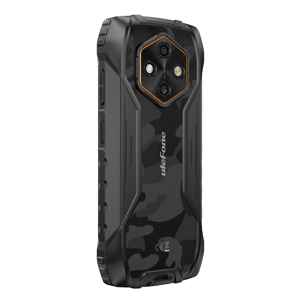 Czarny telefon Ulefone z motywem kamuflażu i potrójnym aparatem na białym tle.
