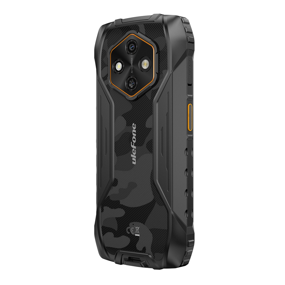 Czarny telefon Ulefone z motywem kamuflażu i potrójnym aparatem.