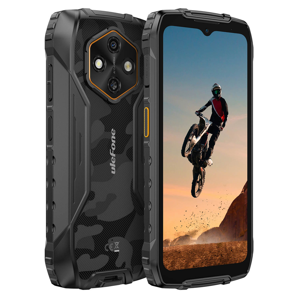 Wytrzymały smartfon z motywem kamuflażu i trzema aparatami. Ekran pokazuje motocyklistę.