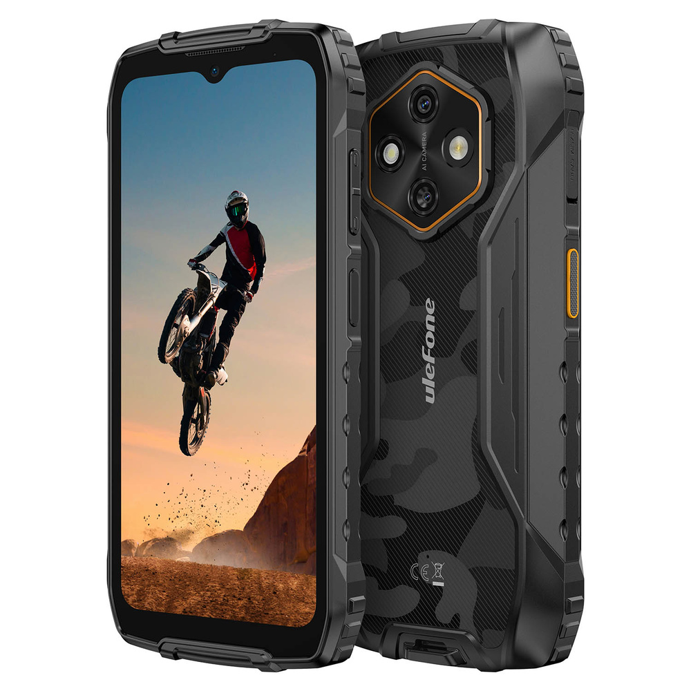 Wytrzymały smartfon z motywem kamuflażu i motocyklistą na ekranie.