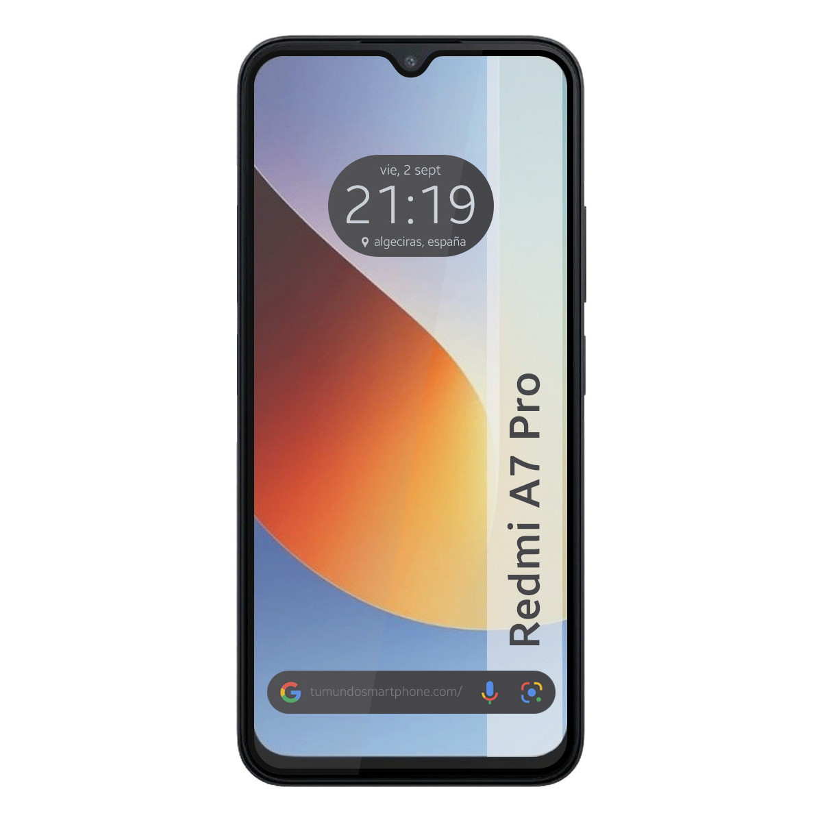 Un smartphone negro mostrando las 21:19 con un fondo colorido.
