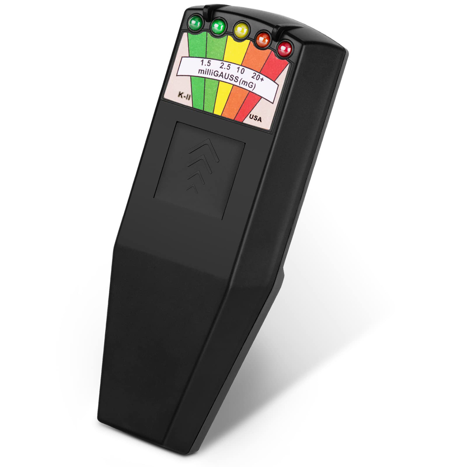Schwarzes EMF-Messgerät mit Farbskala und LEDs für Milligauss-Messungen.