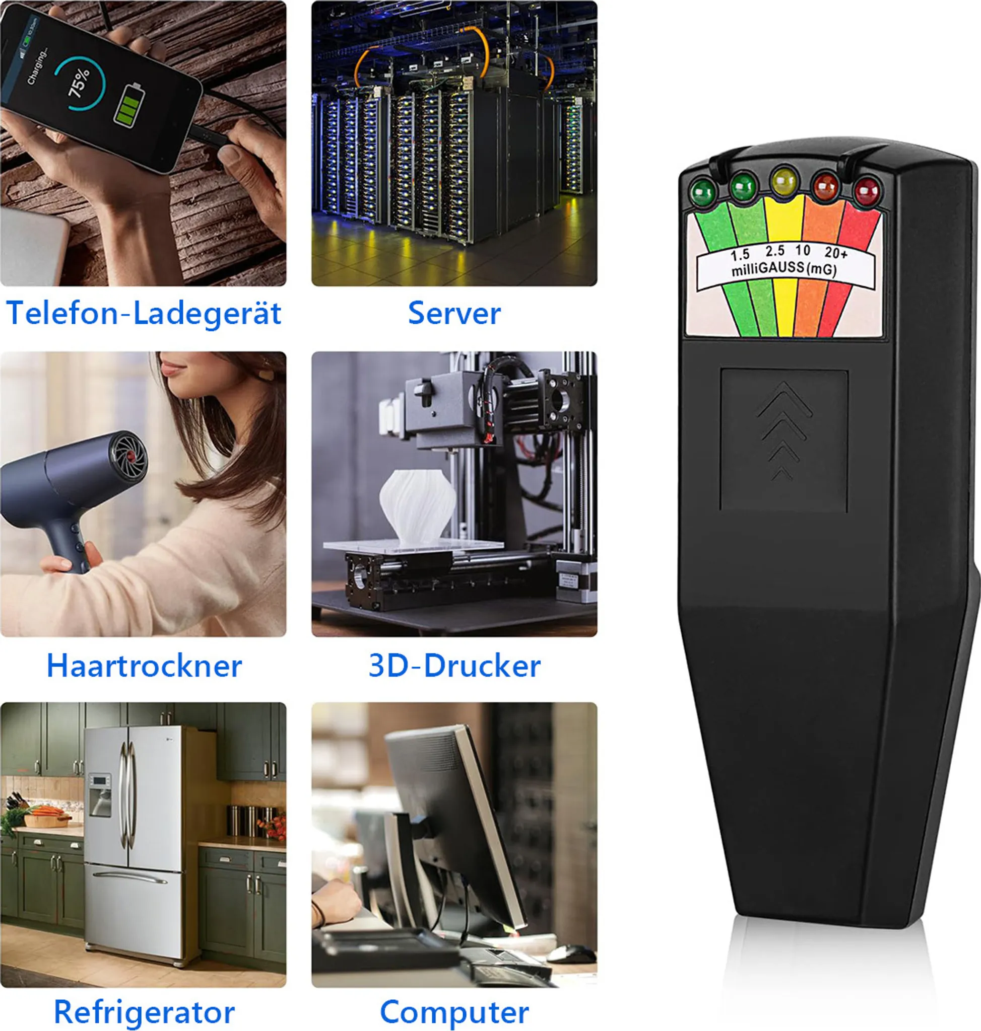 Ein Smartphone wird geladen, Server, Haartrockner, 3D-Drucker, Kühlschrank, Computer und Messgerät.