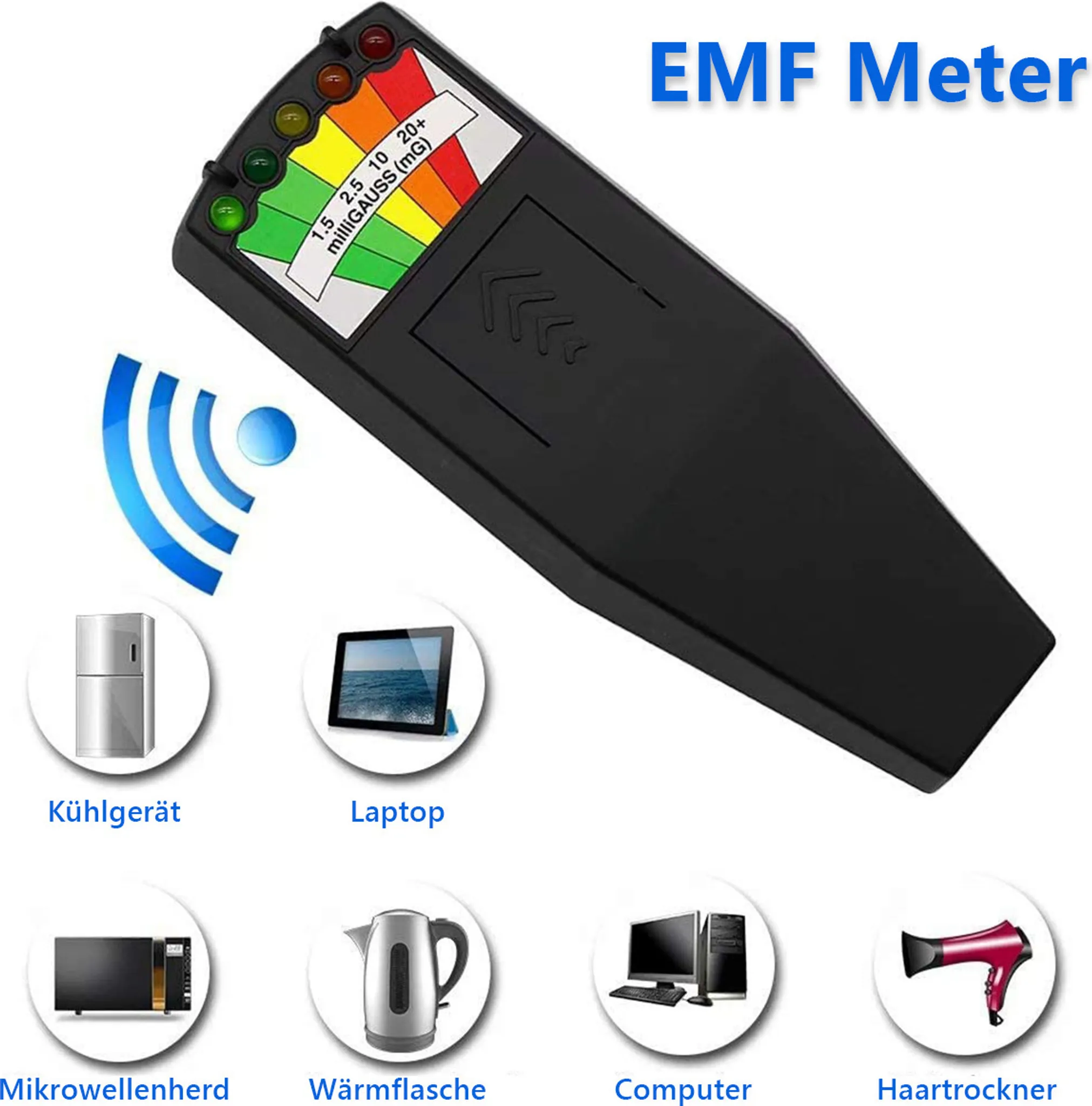 Ein schwarzes EMF-Messgerät mit Skala und LEDs.