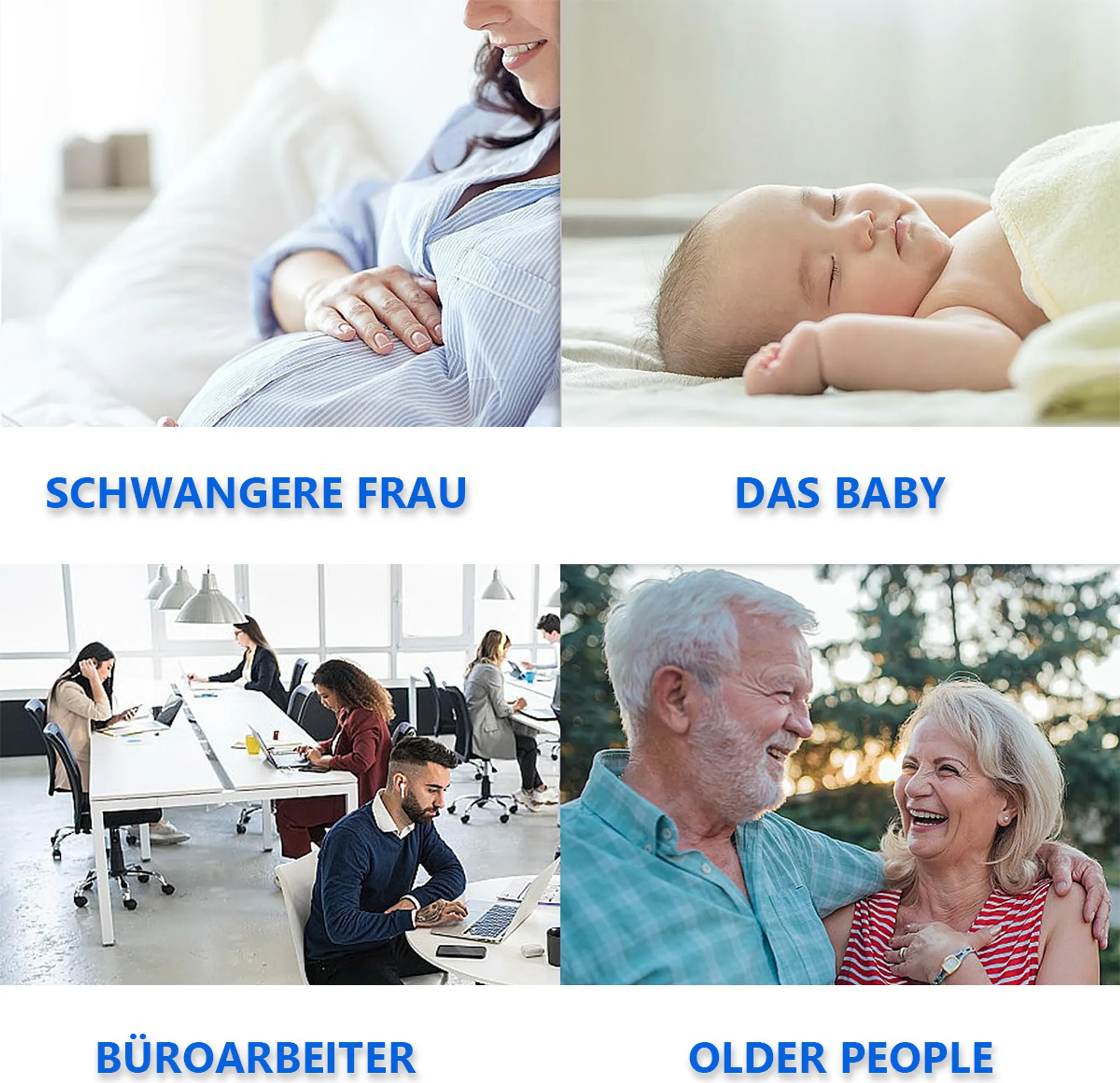 Collage: schwangere Frau, Baby, Büroangestellte und älteres Paar.
