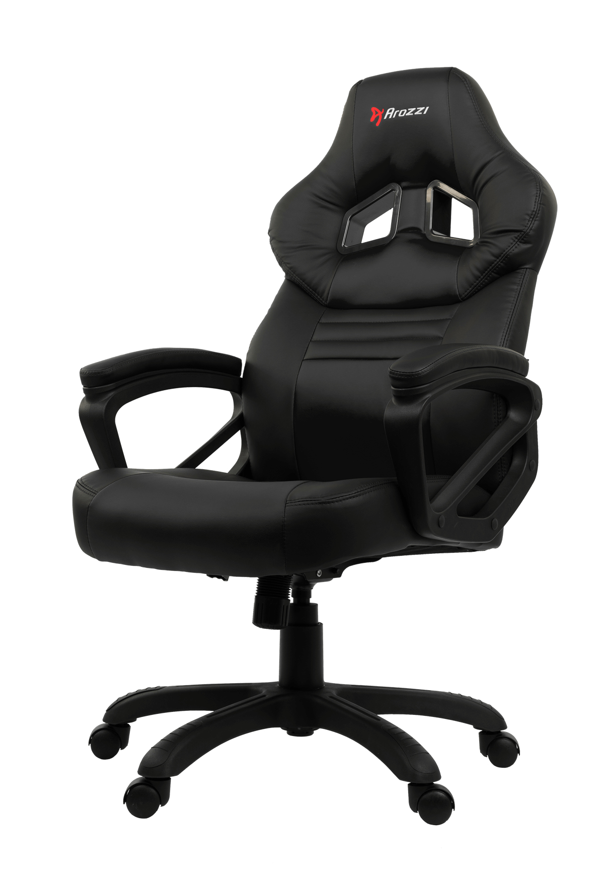 Schwarzer Gaming-Stuhl mit rotem Logo, verstellbaren Armlehnen und Rollen.