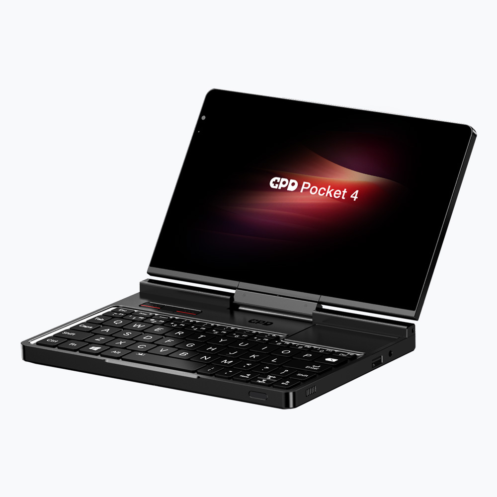 Otwarty czarny laptop GPD Pocket 4 z klawiaturą QWERTY.